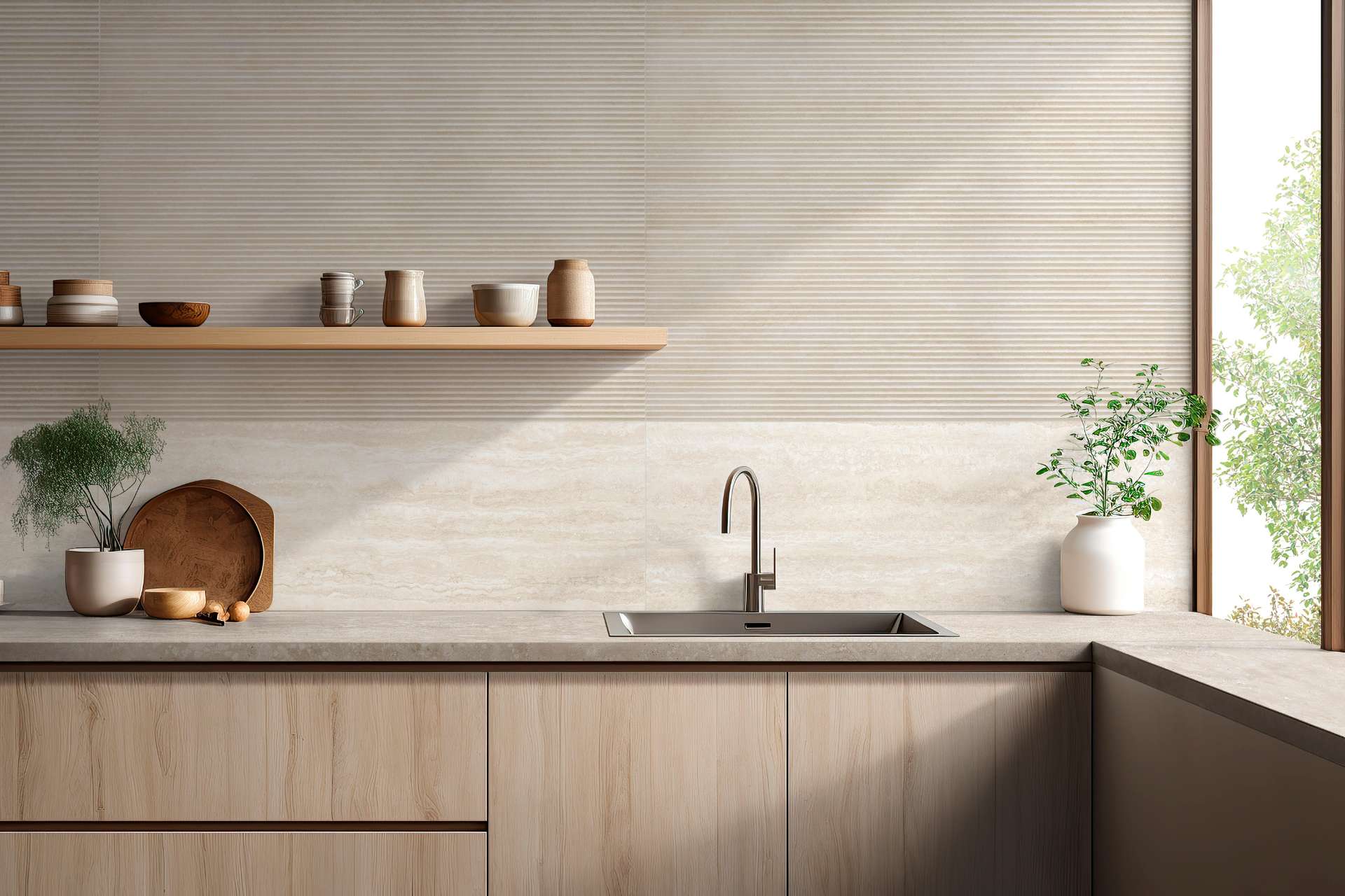 Softly striated tiles pair with warm wood cabinetry in this light-filled kitchen, creating a calming backdrop that highlights simple forms and earthy textures with a modern organic feel.