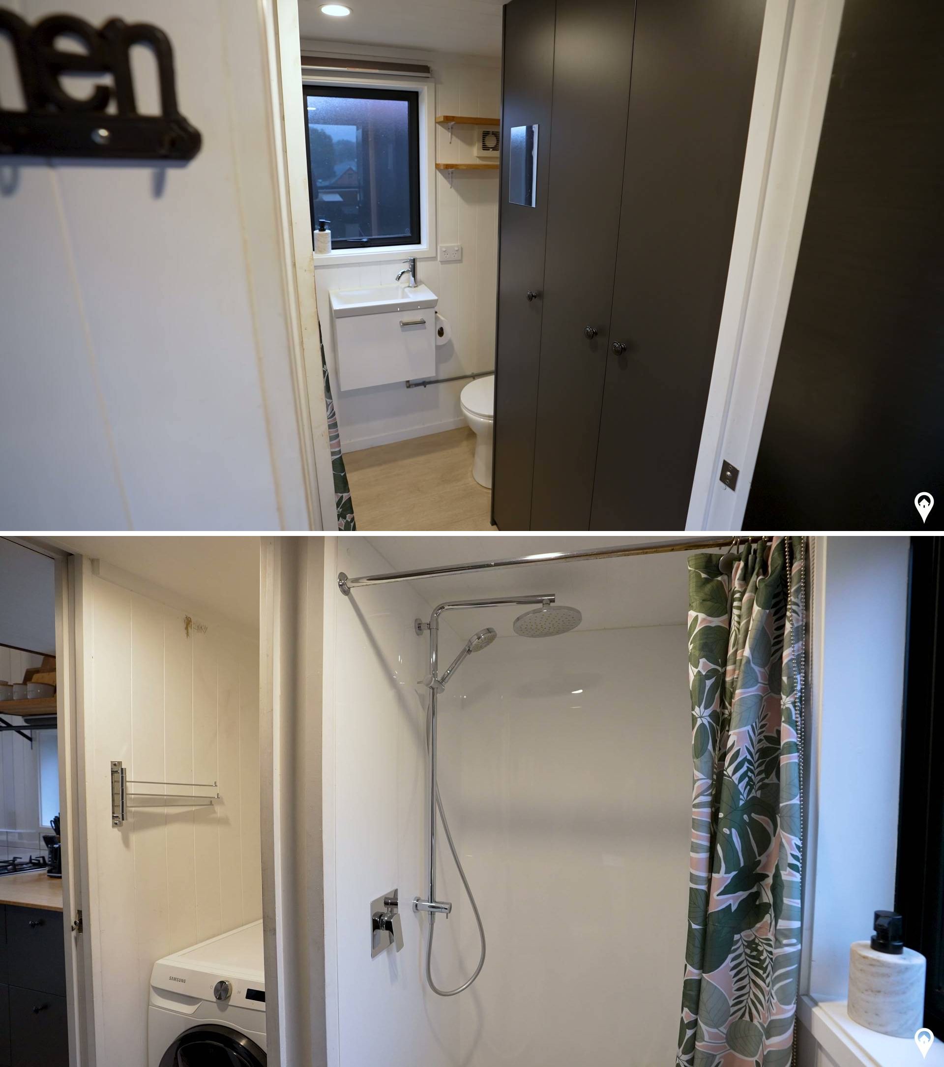 In this tiny house, a sliding pocket door separates the kitchen from the bathroom, which contains a vanity, shower, toilet, and laundry area.