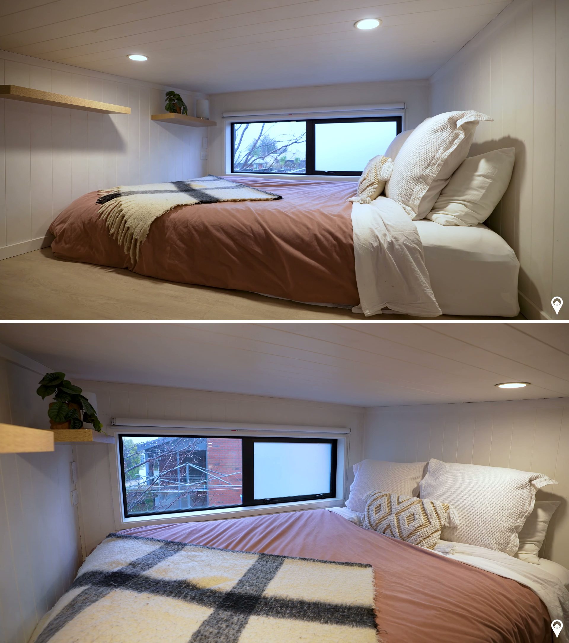 This cozy loft bedroom in a New Zealand tiny home blends warmth and simplicity, with a low ceiling, soft lighting, and a large horizontal window that frames the treetops outside. Earth-toned bedding and built-in shelves add comfort without clutter, creating a peaceful retreat that feels both intimate and airy.