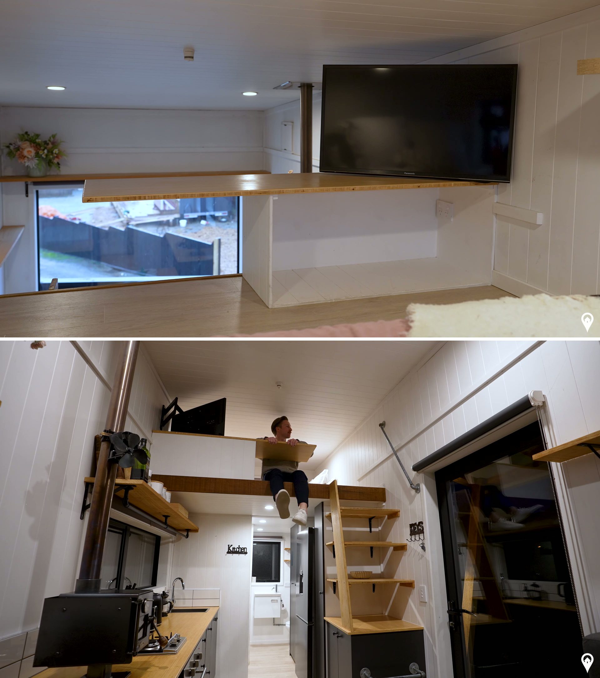 This loft bedroom in a New Zealand tiny home makes the most of every inch, featuring a queen-size bed, a smart TV, and a built-in ledge that doubles as a minimalist workspace. Tucked above the kitchen, it offers a cozy retreat with clever design touches that balance comfort, function, and style.