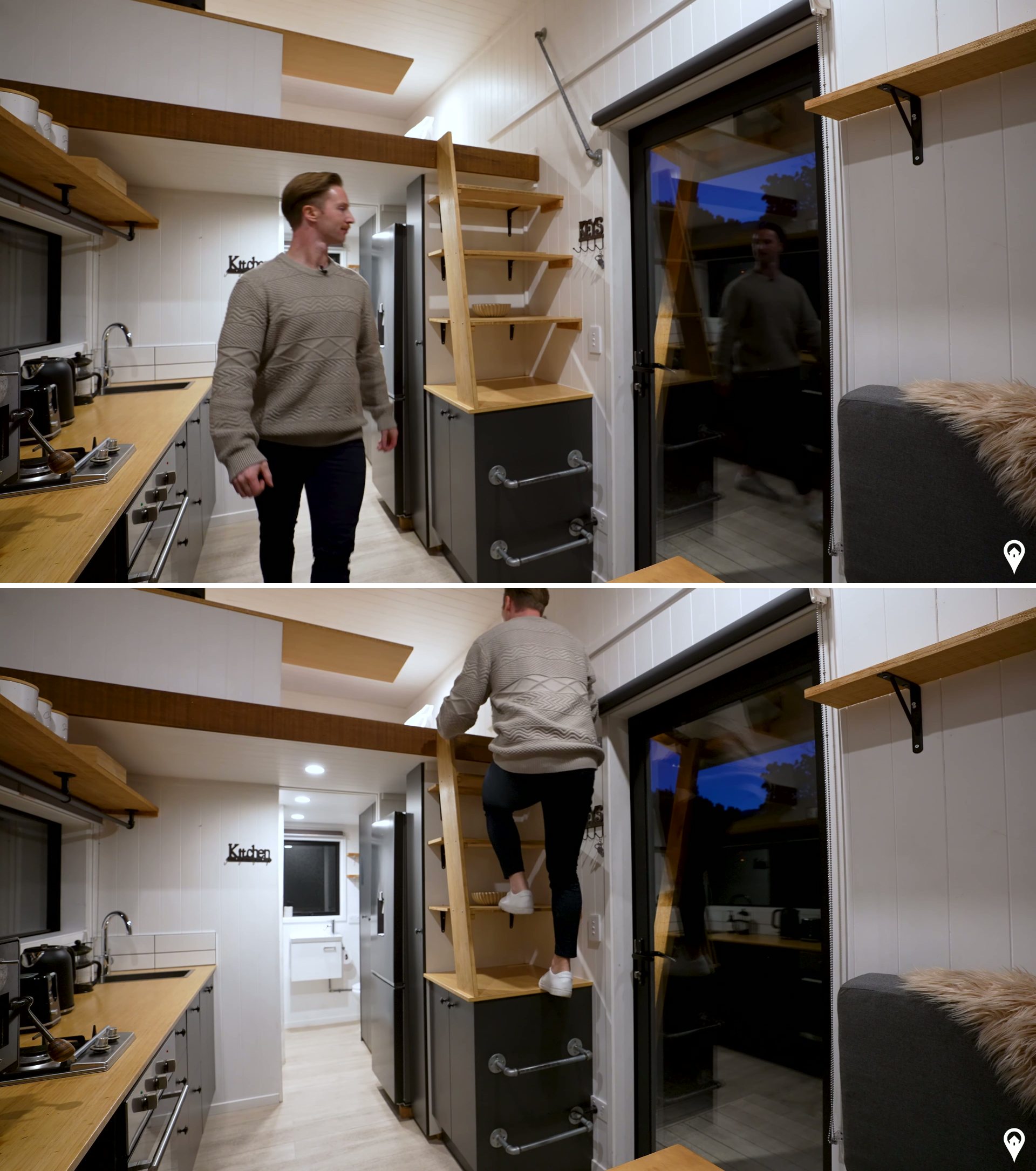 Step inside this cleverly designed New Zealand tiny home, where a steep timber staircase with open risers leads to a cozy loft. The minimalist wood tones and compact layout make the space feel both modern and inviting, while smart vertical design adds function without sacrificing style.