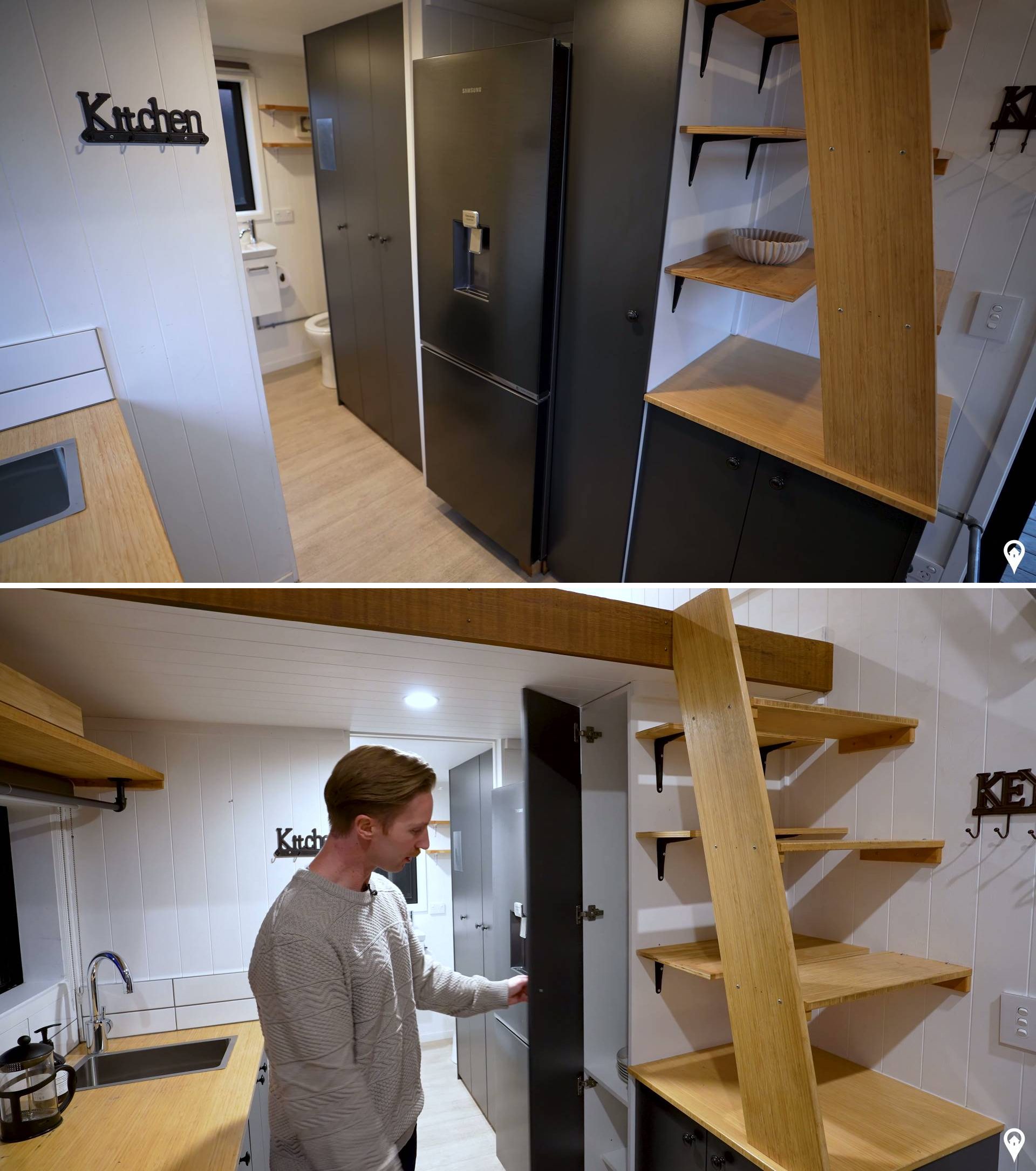 In this tiny home, a tall and skinny cabinet has been included next to the fridge, while additional storage and shelving has been create underneath the stairs.