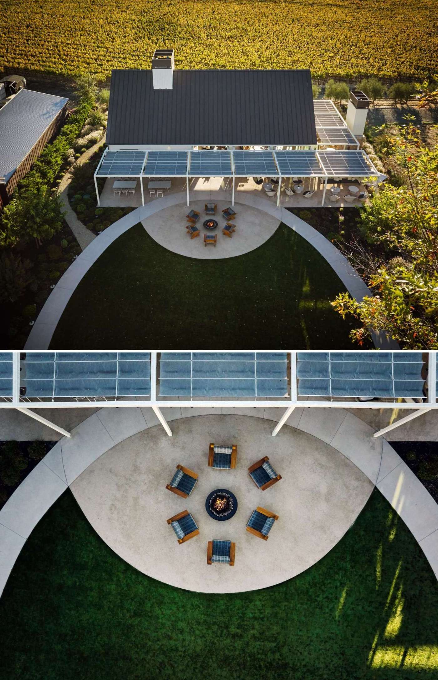 A single-room A-frame structure with high ceilings and a variety of seating areas include a pit fire space, that's been designed for holding events, like weddings, at a winery.