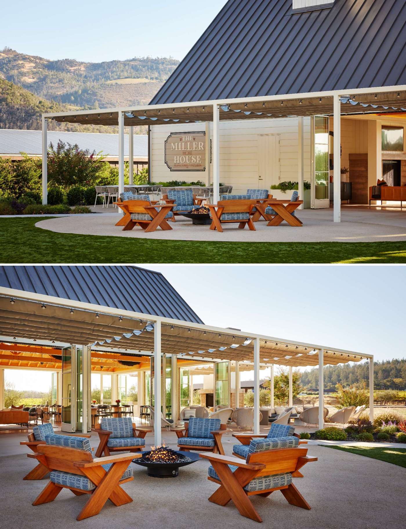 A single-room A-frame structure with high ceilings and a variety of seating areas, that's been designed for holding events, like weddings, at a winery.