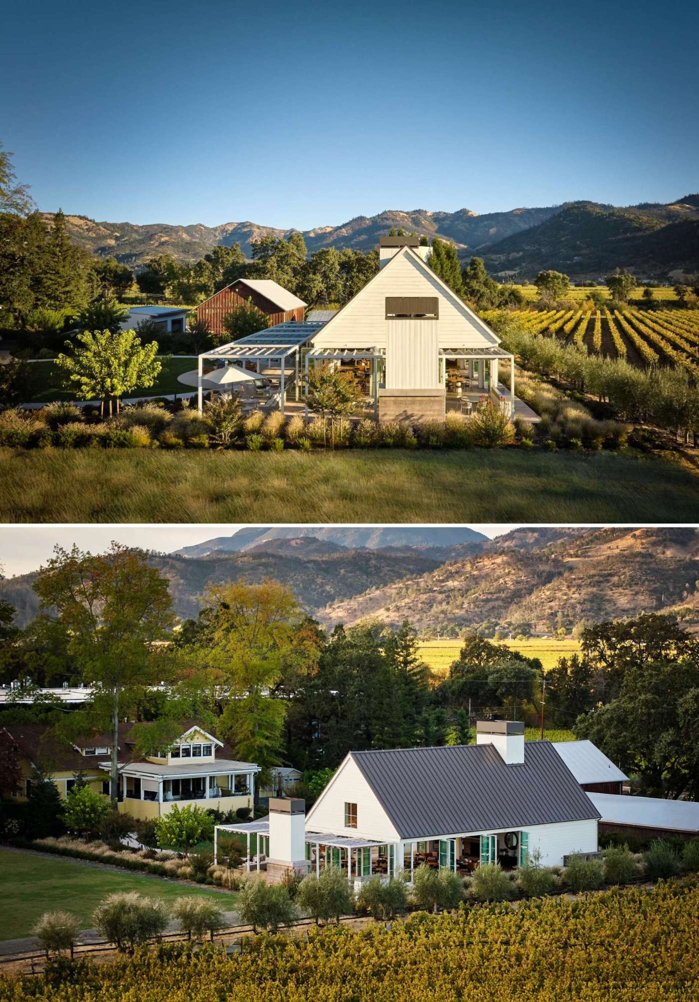 A single-room A-frame structure with high ceilings and a variety of seating areas, that's been designed for holding events, like weddings, at a winery.