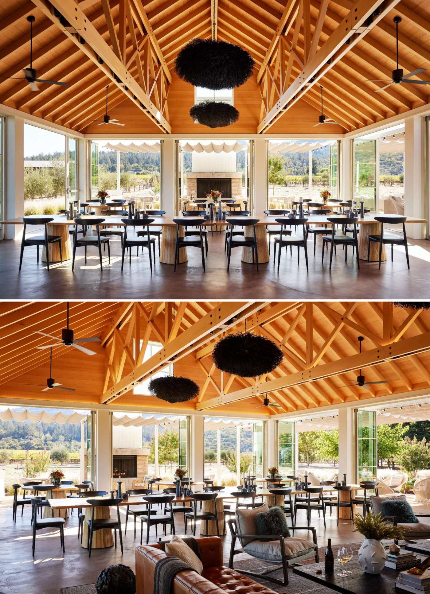 A single-room A-frame structure with high ceilings and a variety of seating areas, that's been designed for holding events, like weddings, at a winery.