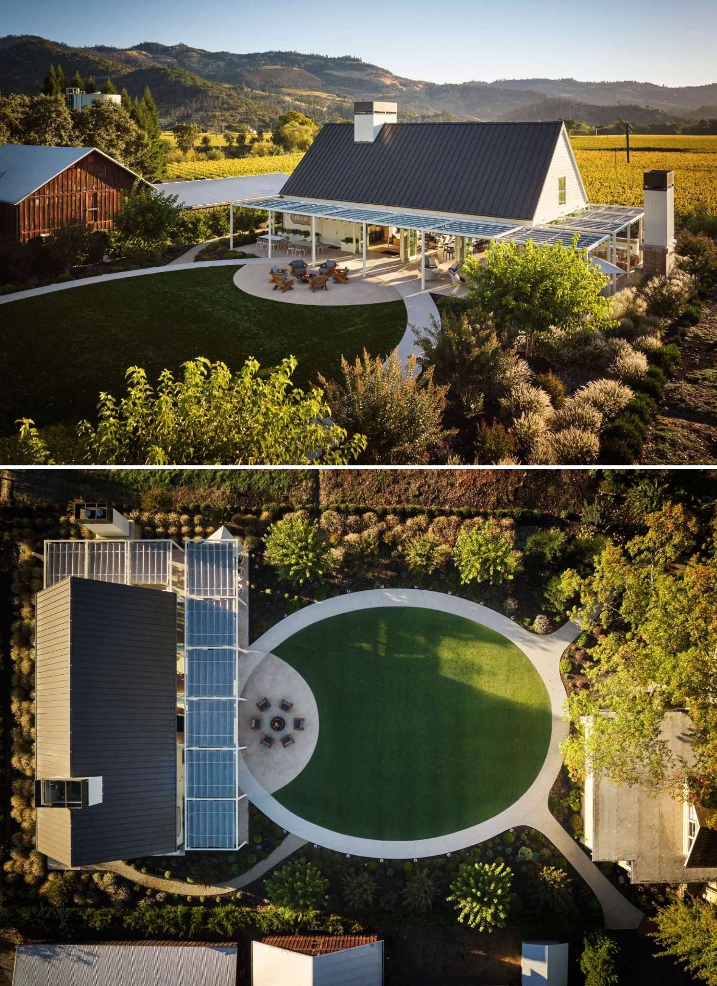 A single-room A-frame structure with high ceilings and a variety of seating areas, that's been designed for holding events, like weddings, at a winery.