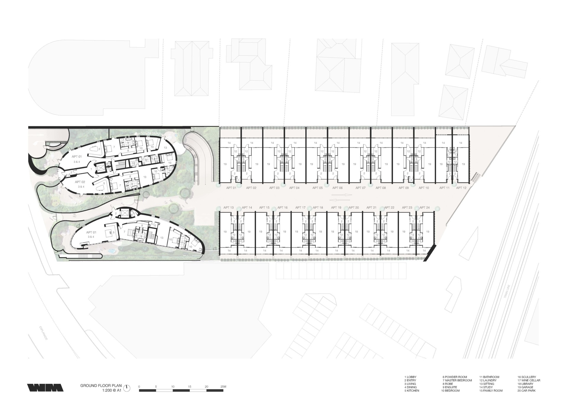Architectural plans for apartment buildings and townhouses.