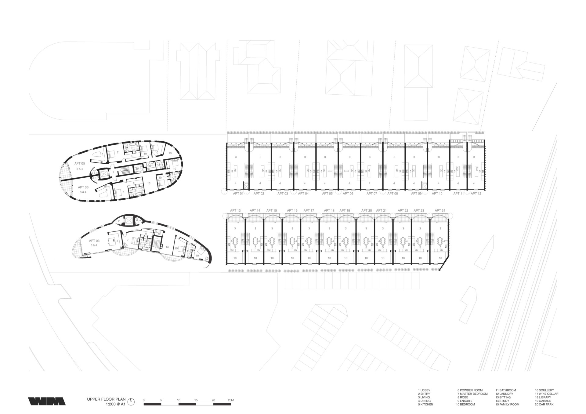 Architectural plans for apartment buildings and townhouses.