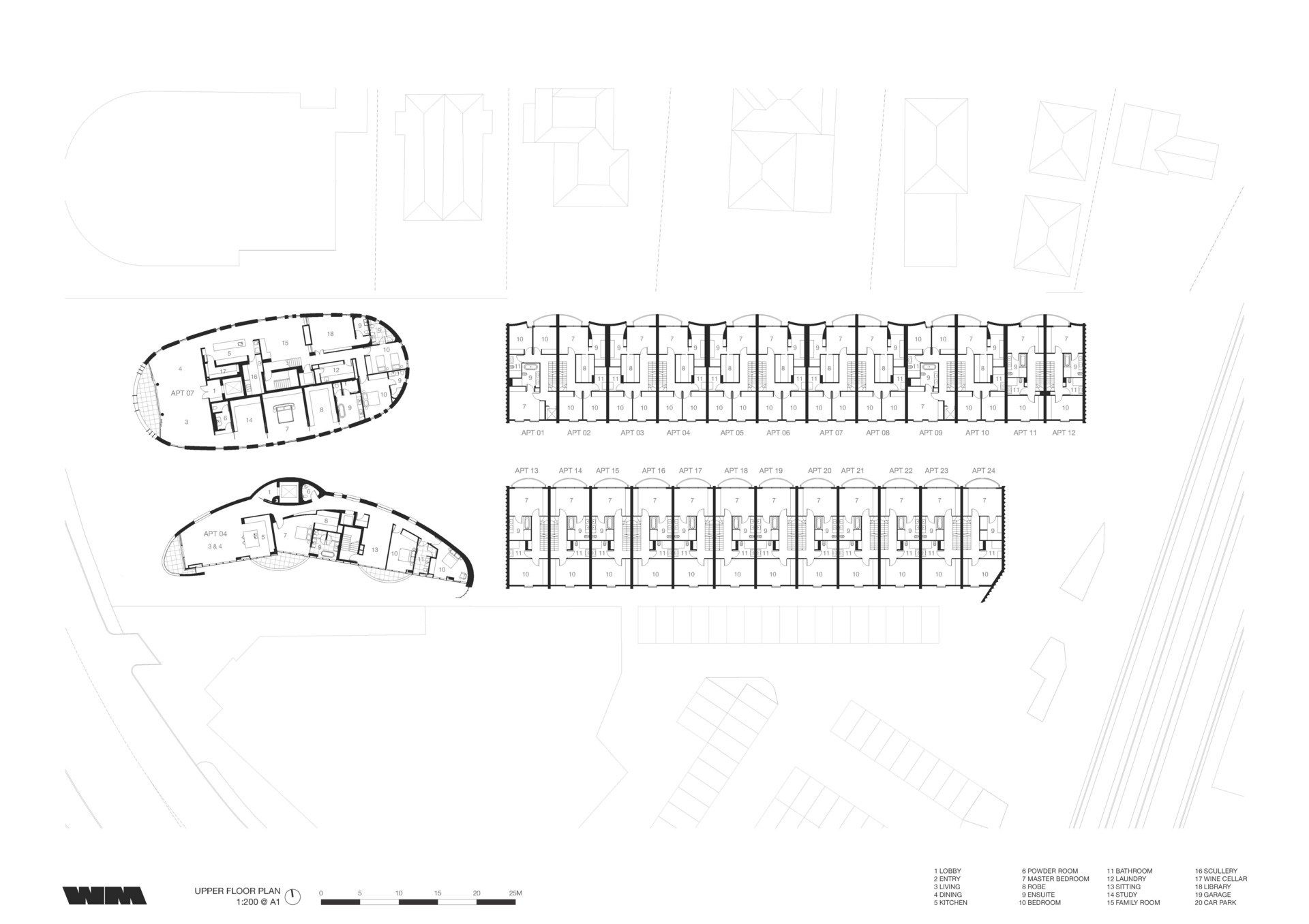 Architectural plans for apartment buildings and townhouses.