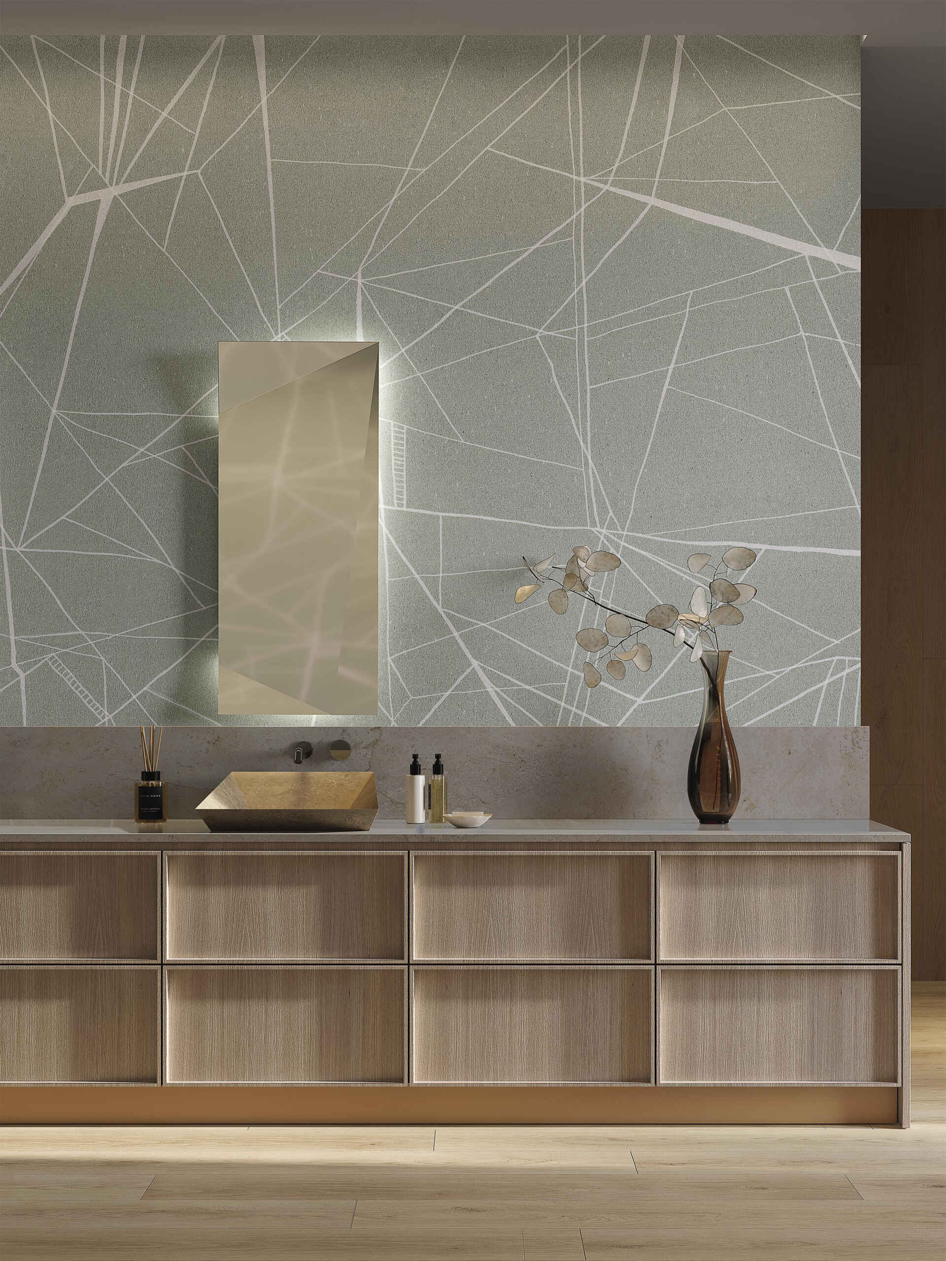 Bold, abstract, and full of movement, Fragments is the most playful of the group. Its design seems to shift the longer you look, creating a dynamic effect that makes the wall feel alive. This wallpaper mural is the perfect choice for creative or conversational spaces.