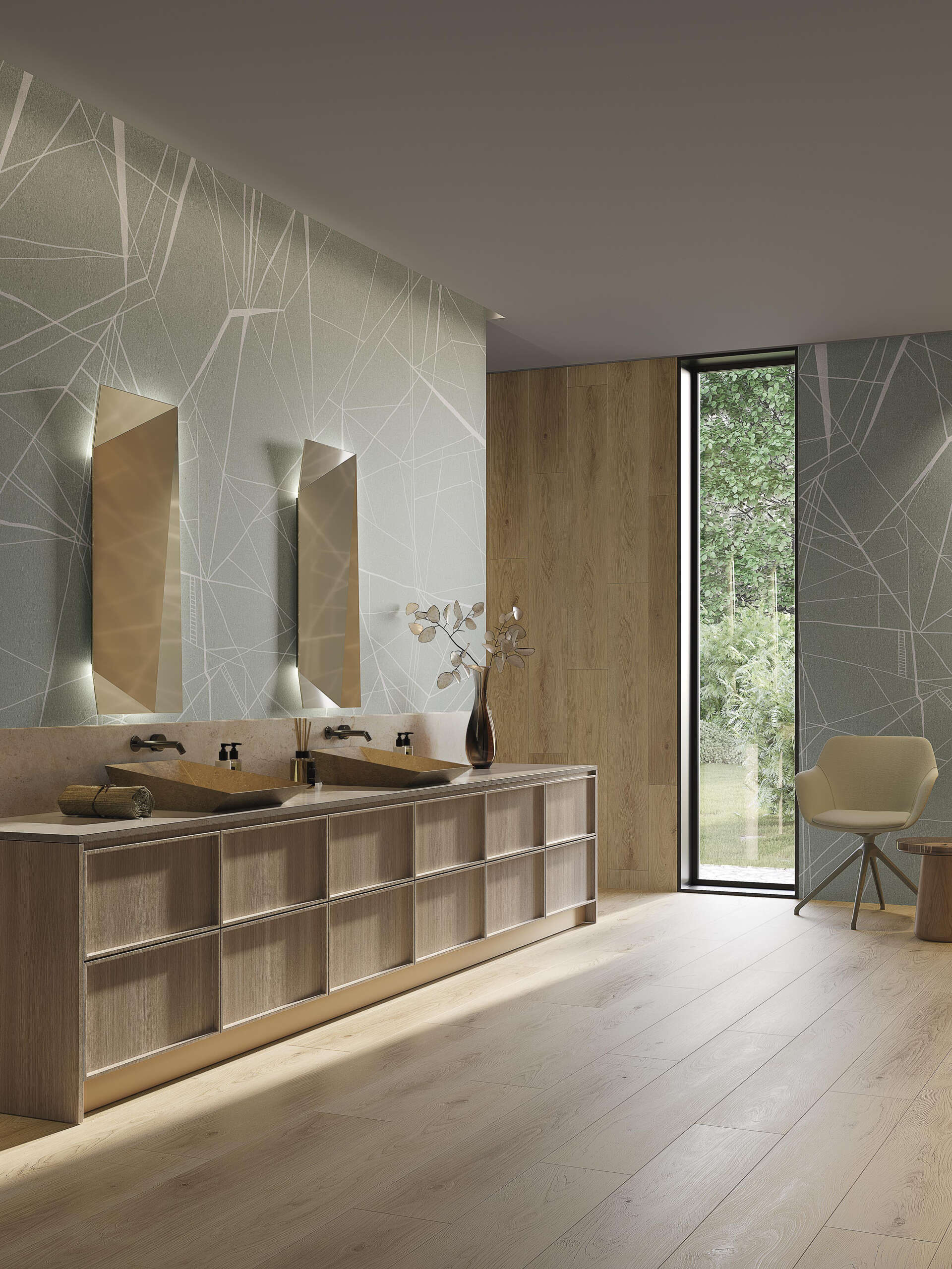 Bold, abstract, and full of movement, Fragments is the most playful of the group. Its design seems to shift the longer you look, creating a dynamic effect that makes the wall feel alive. This wallpaper mural is the perfect choice for creative or conversational spaces.