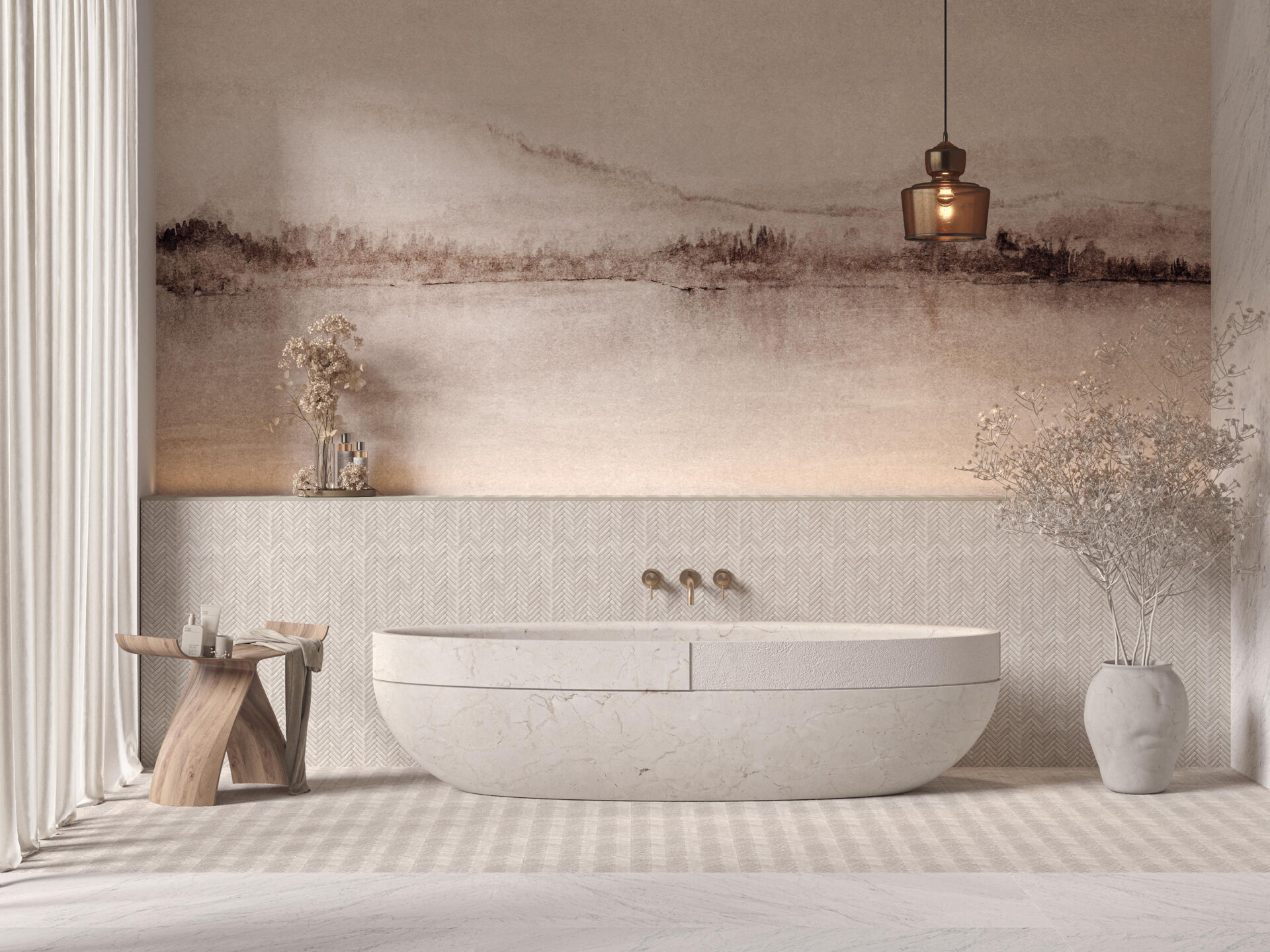 Soft and serene, Lake channels the stillness of water with its gentle color palette and subtle reflections. This wallpaper mural is calming without being dull, and works beautifully in places meant for rest and relaxation.