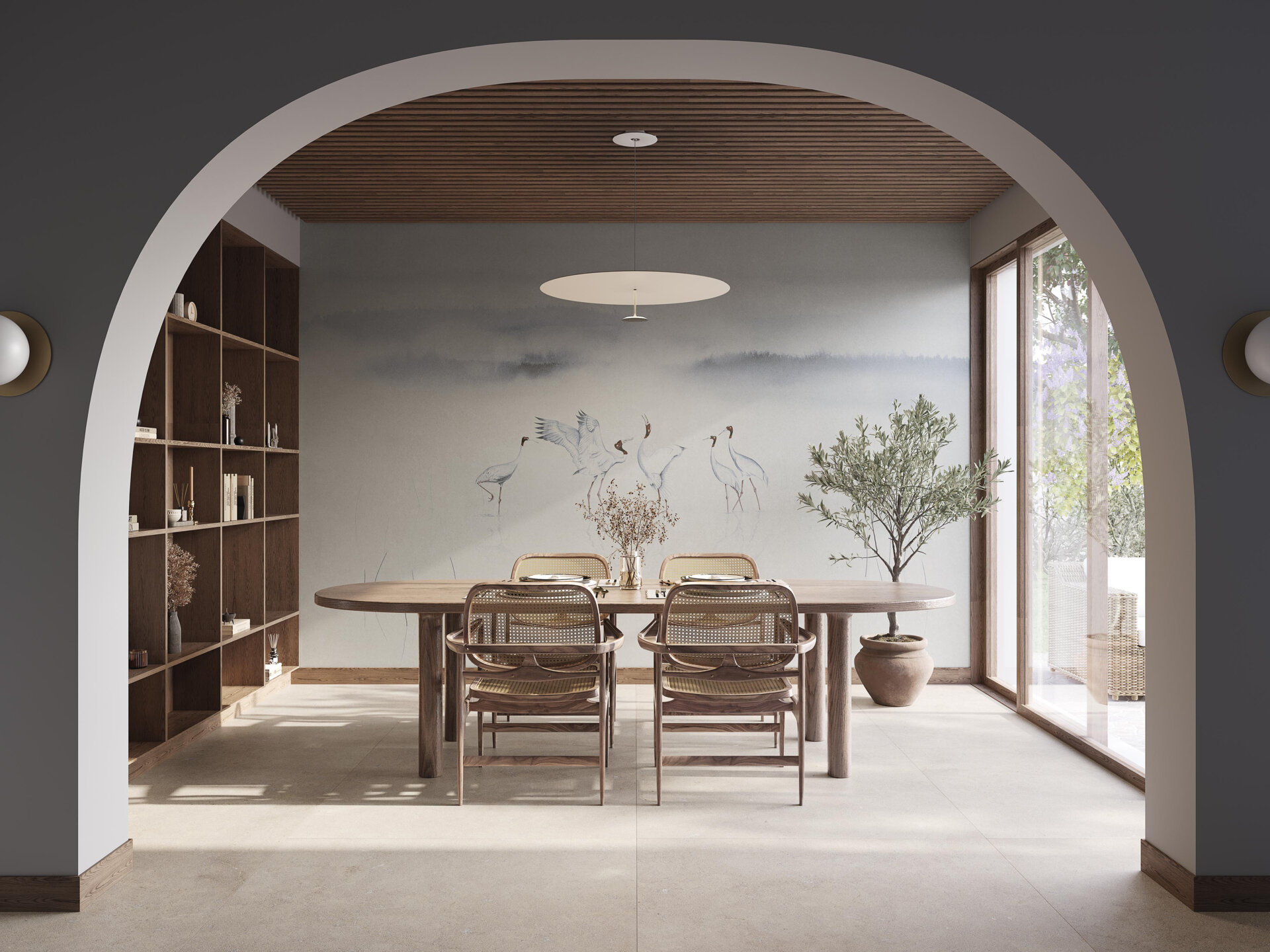 This wallpaper mural pays tribute to the elegance of cranes, captured in a moment of stillness. With delicate detailing and soft metallic tones, it brings a sense of quiet refinement to the space. The composition feels poetic and serene, perfect for interiors that lean into subtle beauty.