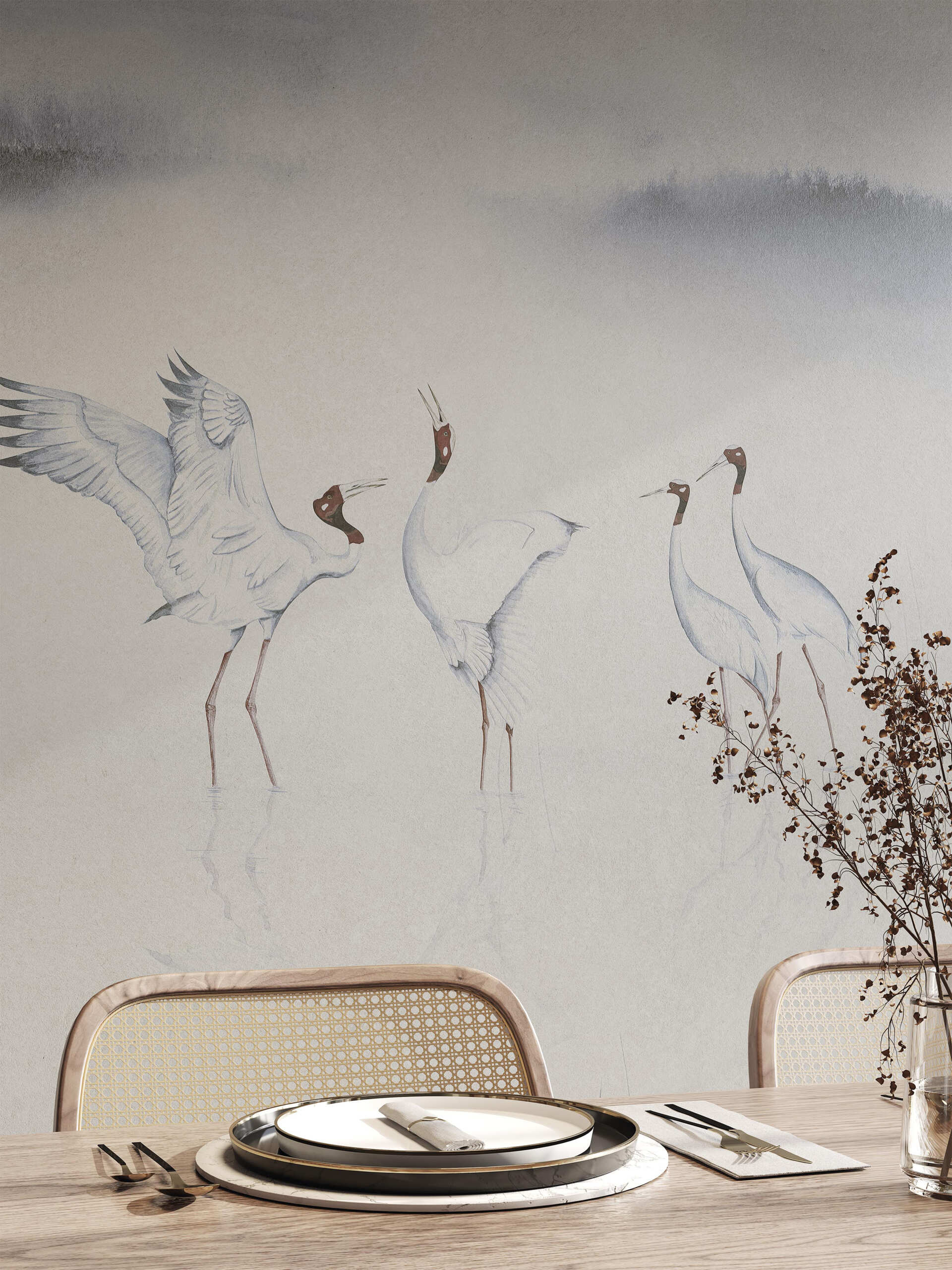 This wallpaper mural pays tribute to the elegance of cranes, captured in a moment of stillness. With delicate detailing and soft metallic tones, it brings a sense of quiet refinement to the space. The composition feels poetic and serene, perfect for interiors that lean into subtle beauty.