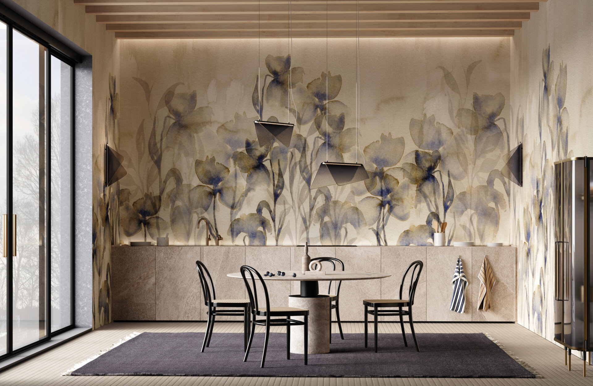 Drawing on Botticelli’s Primavera, Sassoli’s Lucente collection turns walls into radiant floral compositions. The works began as hand-painted watercolors and pencil sketches, then digitally transformed to maintain their freshness and vibrancy. The result: ten refined designs that celebrate spring through luminous color, delicate texture, and Renaissance grace. Lucente is where classical art meets contemporary design.