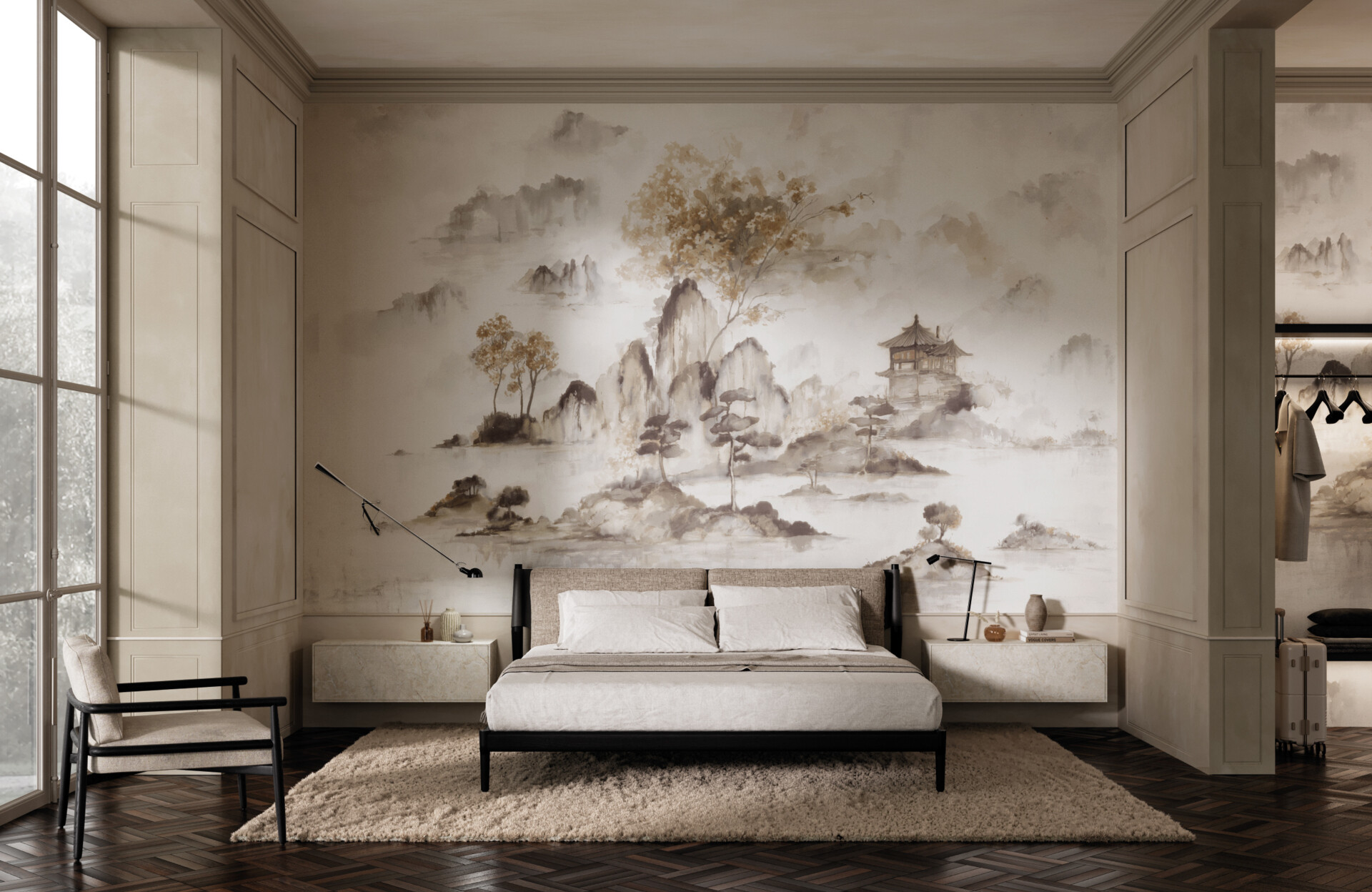 An Asian inspired wallpaper with a nature theme for a bedroom.