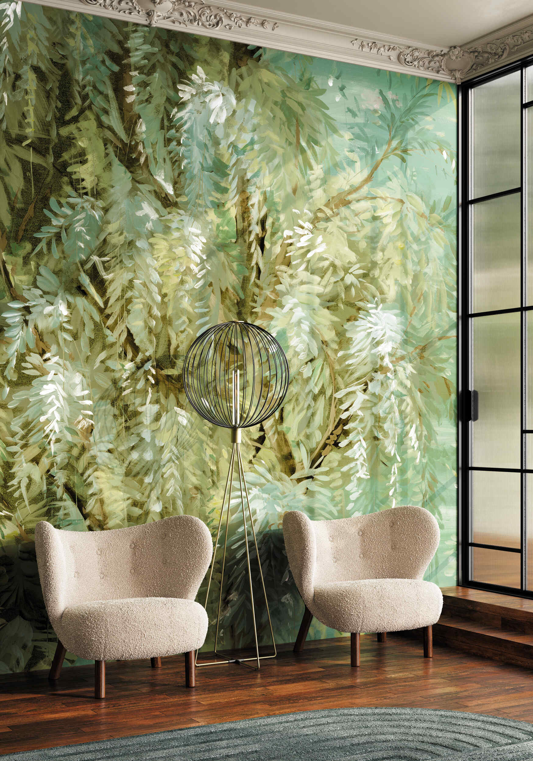 A nature inspired wallpaper mural with greens, browns, and white.