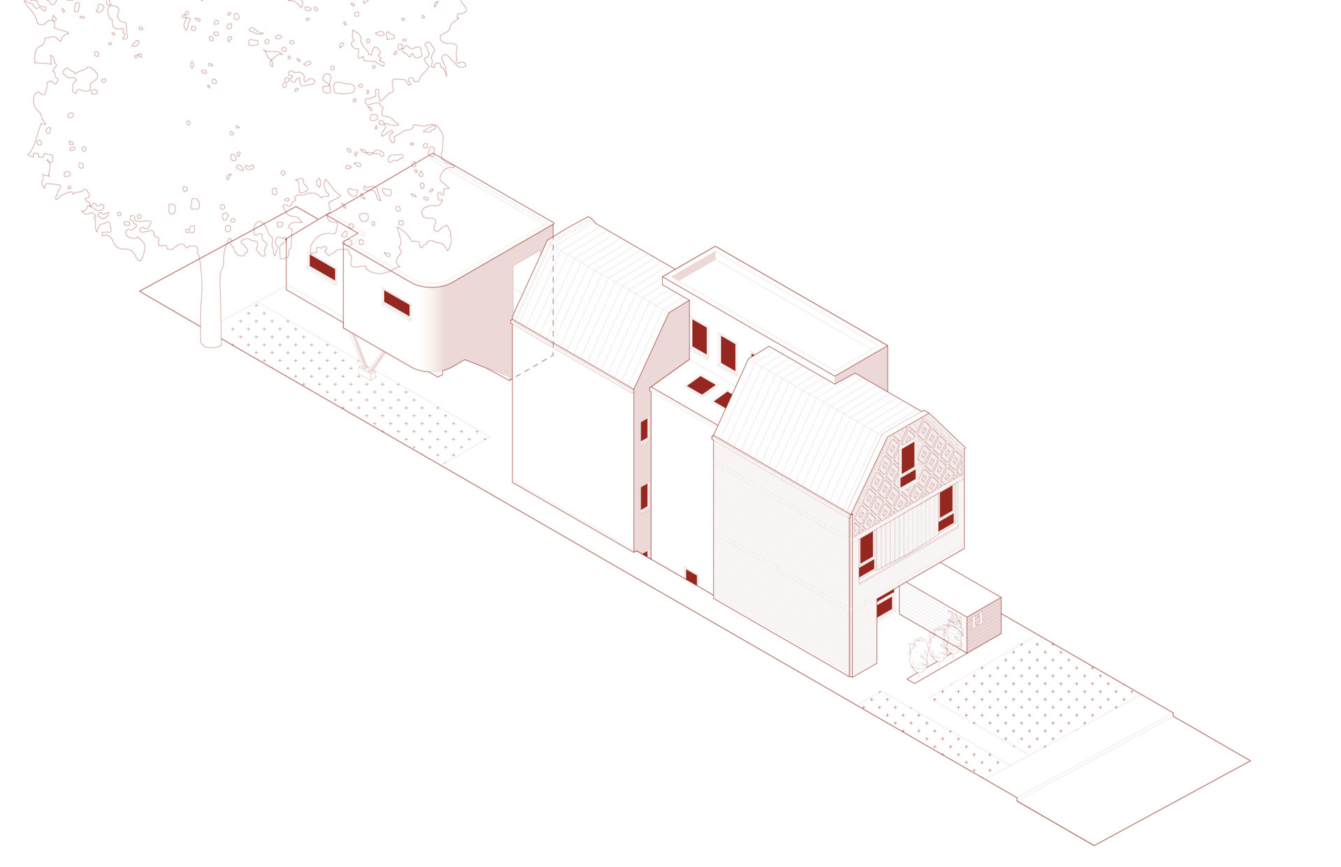 This architectural drawing shows how a modern laneway house has been added behind the main house.