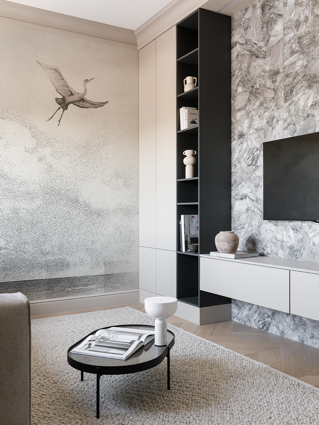 In the living room, a bold stork mural sets the tone, a symbol of happiness and family. A sculpted wood coffee table echoes the bird’s natural habitat, while soft light, a Felis sofa, and Danish accents complete the calm, layered look.