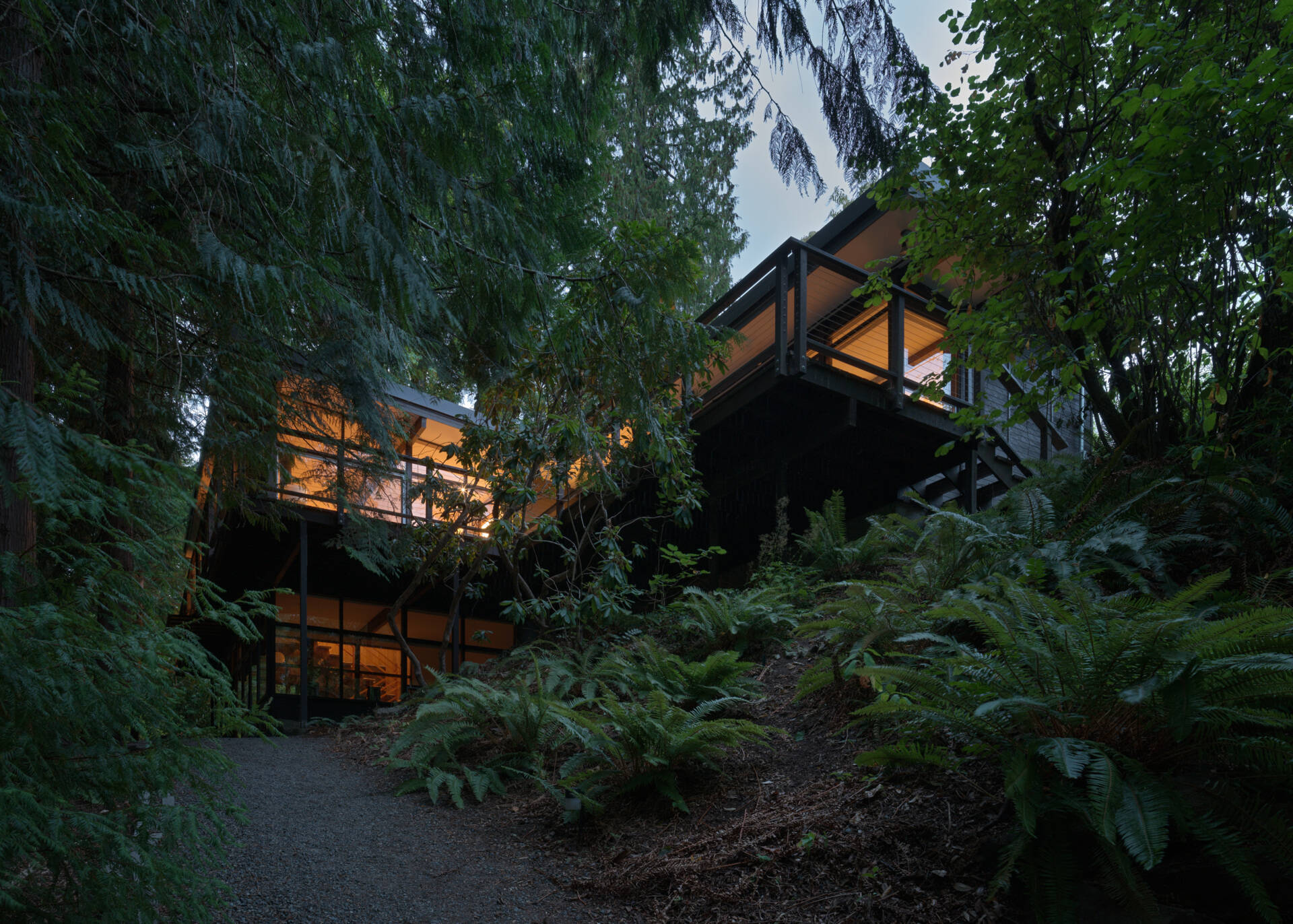 Tucked beside a creek in the Seattle woods, this Mid-Century Modern home feels like a private treehouse. The forest path to the front door sets the tone for a peaceful, nature-connected retreat.