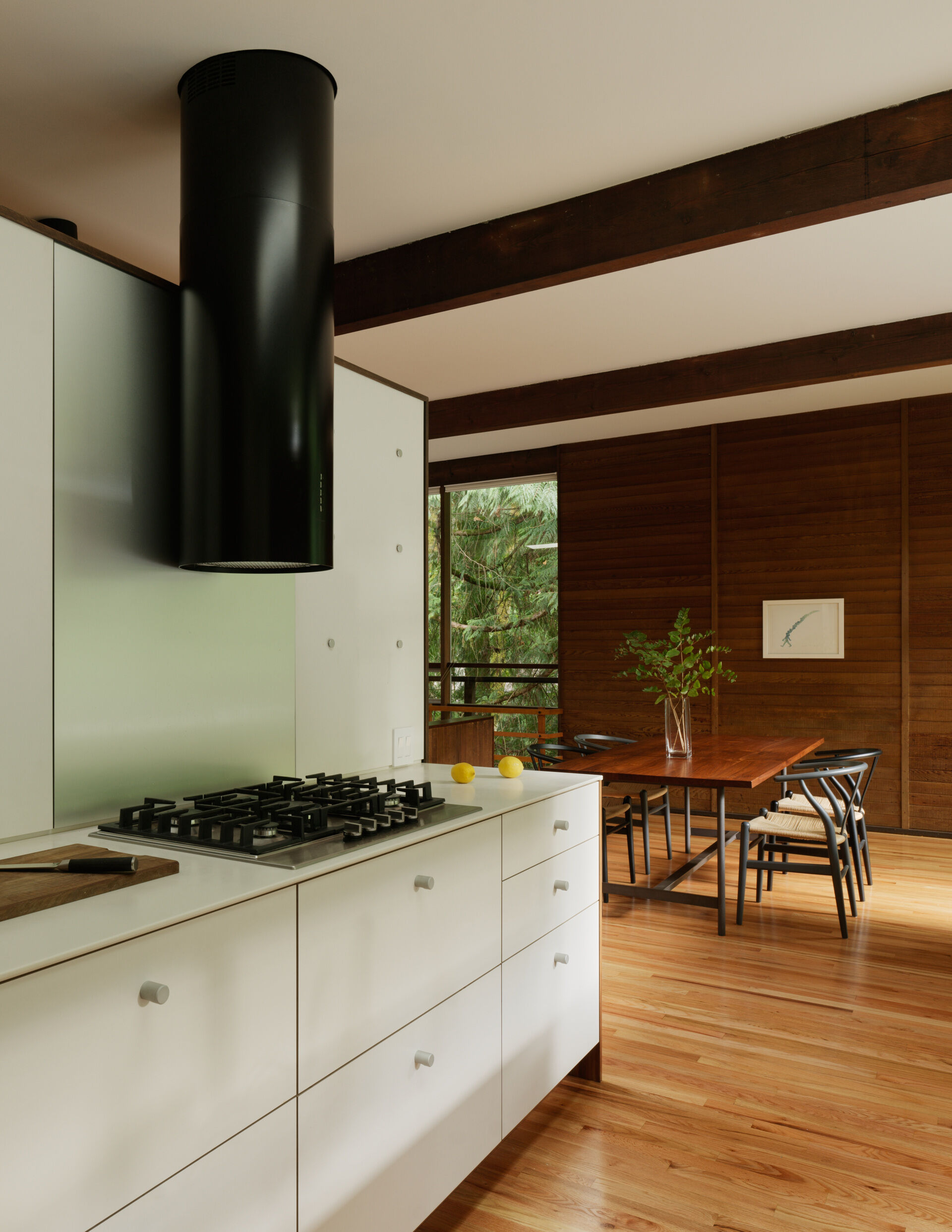 This Mid-Century Modern inspired kitchen pairs white laminate with walnut cabinetry and introduces a new skylight for natural brightness. Clean lines and timeless materials elevate the design.