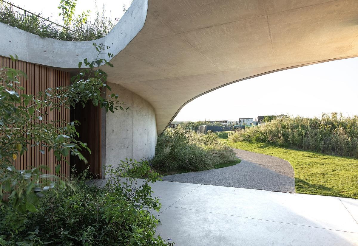 At the center of this clubhouse green roof, a circular opening offers more than just a shaft of light, it cradles a tree from the level below. Growing up through the roof and into the open sky, the tree becomes a living marker of the building’s relationship with nature. It softens the architecture, adds character, and acts as a gentle focal point for the spaces below.
