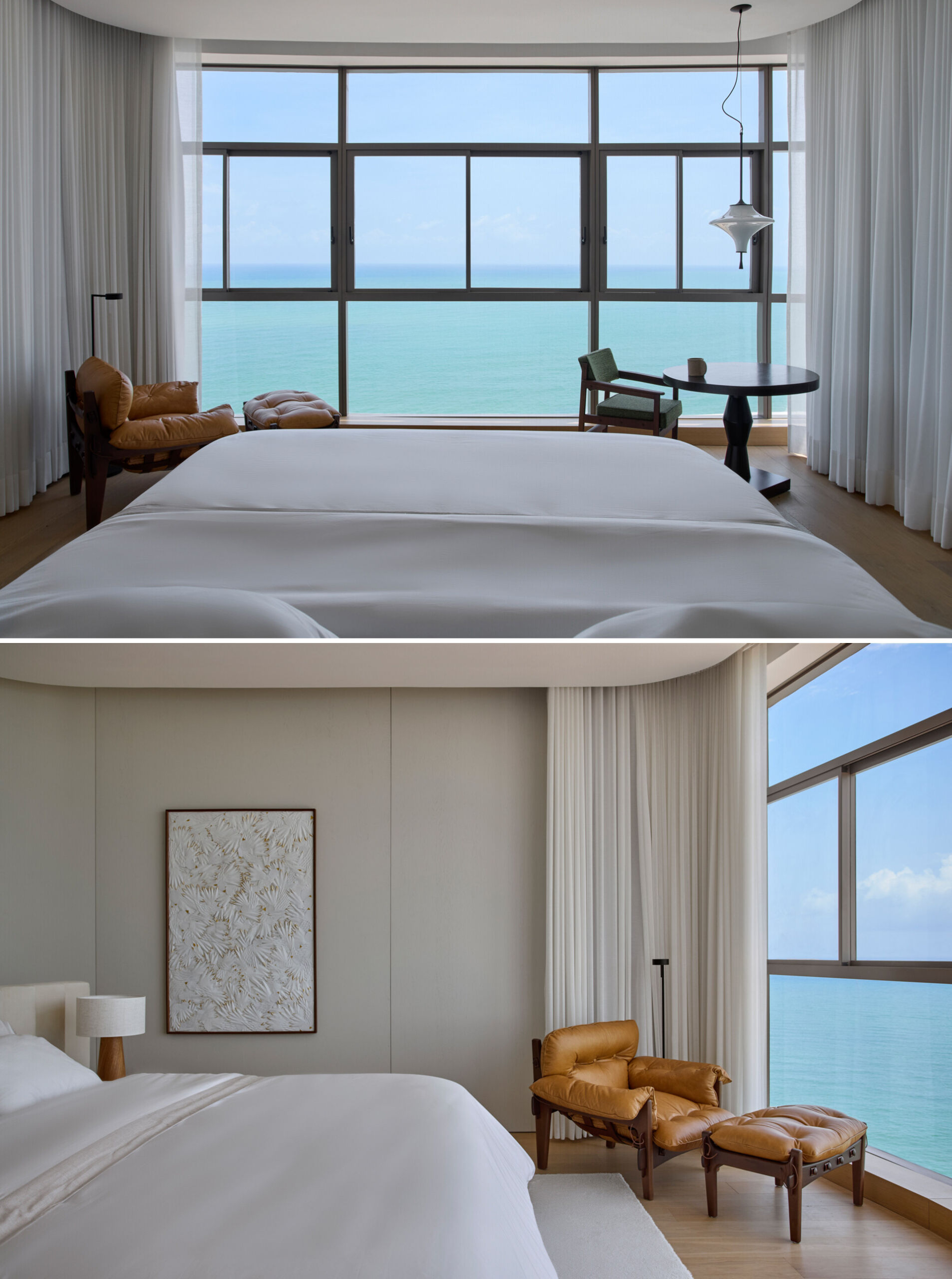 With neutral finishes and integrated cabinetry, this bedroom maintains the apartment’s material palette and offer a quiet, intimate atmosphere.