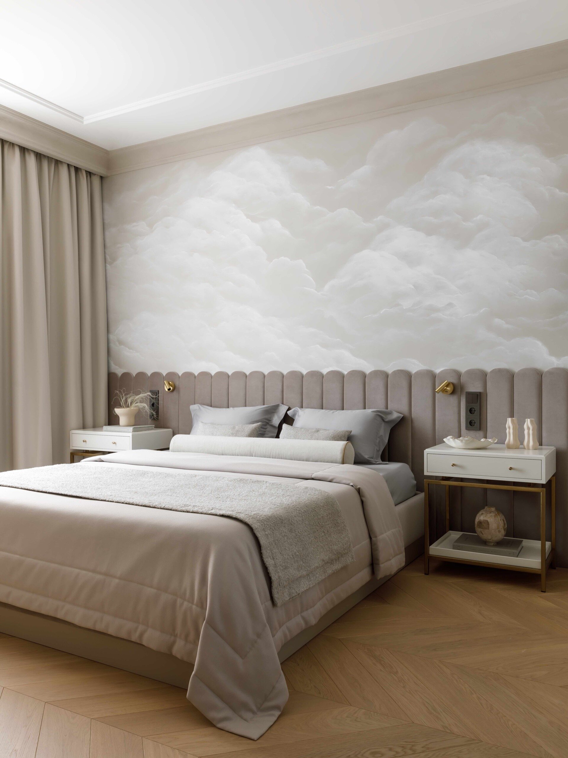 In this bedroom, tranquility takes center stage. A custom wall panel that acts as a headboard and a dry-brush fresco of drifting clouds create a dreamy, atmospheric backdrop. Every detail, down to the soft glow of Danish lighting and handcrafted furniture, feels curated for peace.
