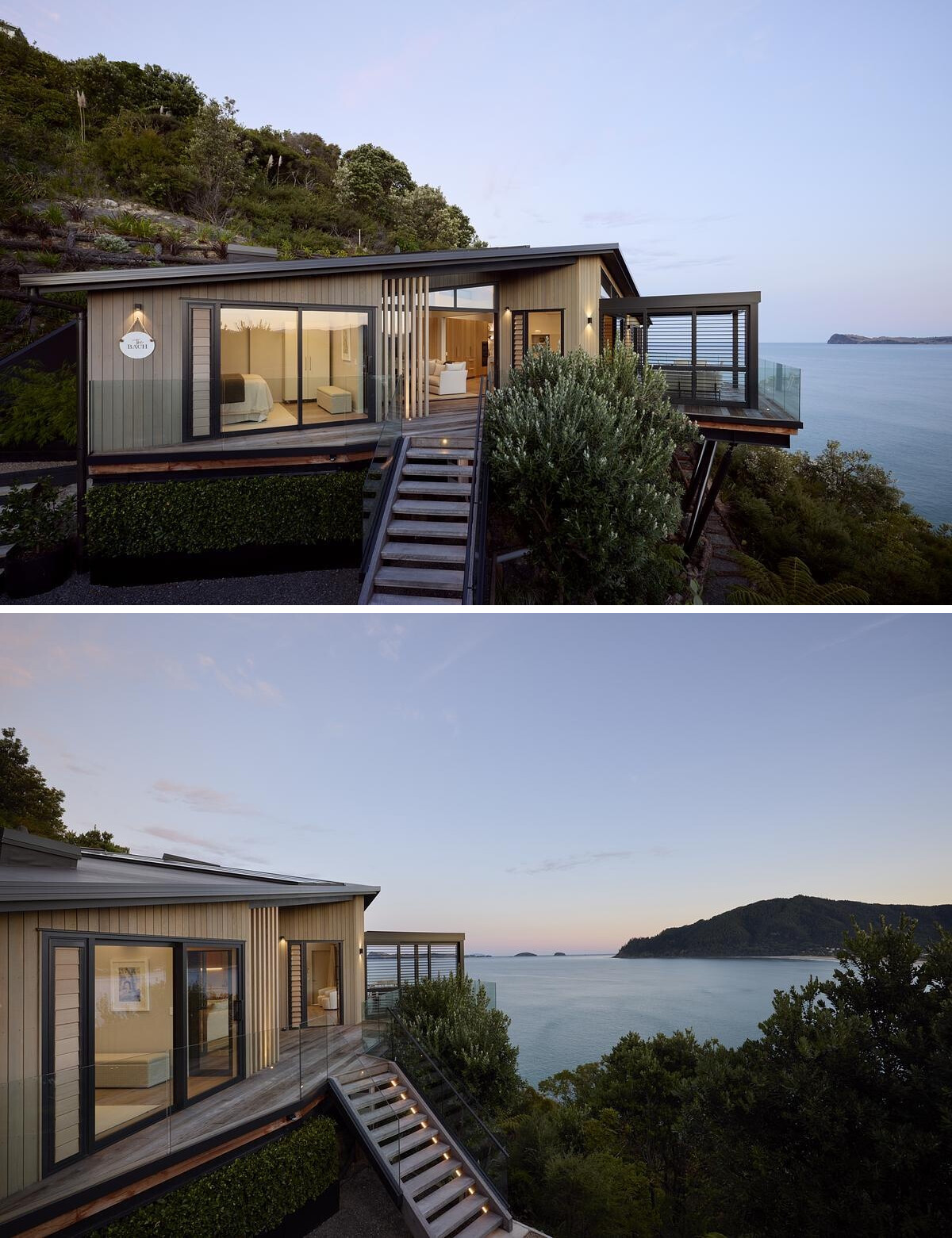Perched high above the coastline, this striking modern home blends seamlessly into the lush hillside. Cantilevered over the cliff on slender steel supports, it features wraparound glass balustrade decks, warm timber cladding, and floor-to-ceiling glazing that frames panoramic views of the sea and sky. A bold, nature-integrated design that feels like a luxury treehouse.