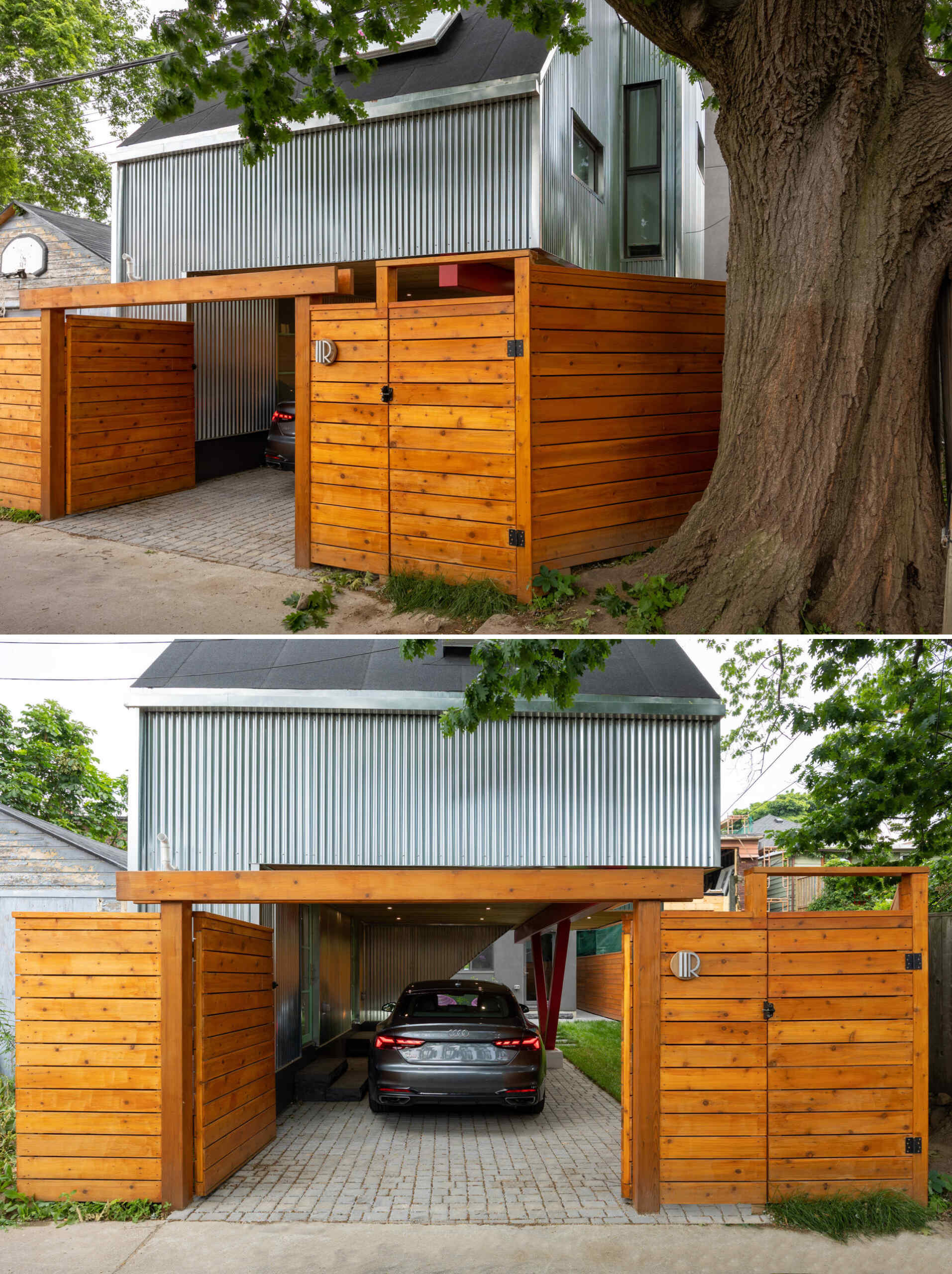 This modern laneway house, clad in corrugated metal, is also grounded in warmth. The underside of the carport is clad in cedar, and bursts of vivid accent color appear throughout the structure. These color choices reflect the clients’ affection for folk art and bring a touch of whimsy to the silvery industrial palette above.