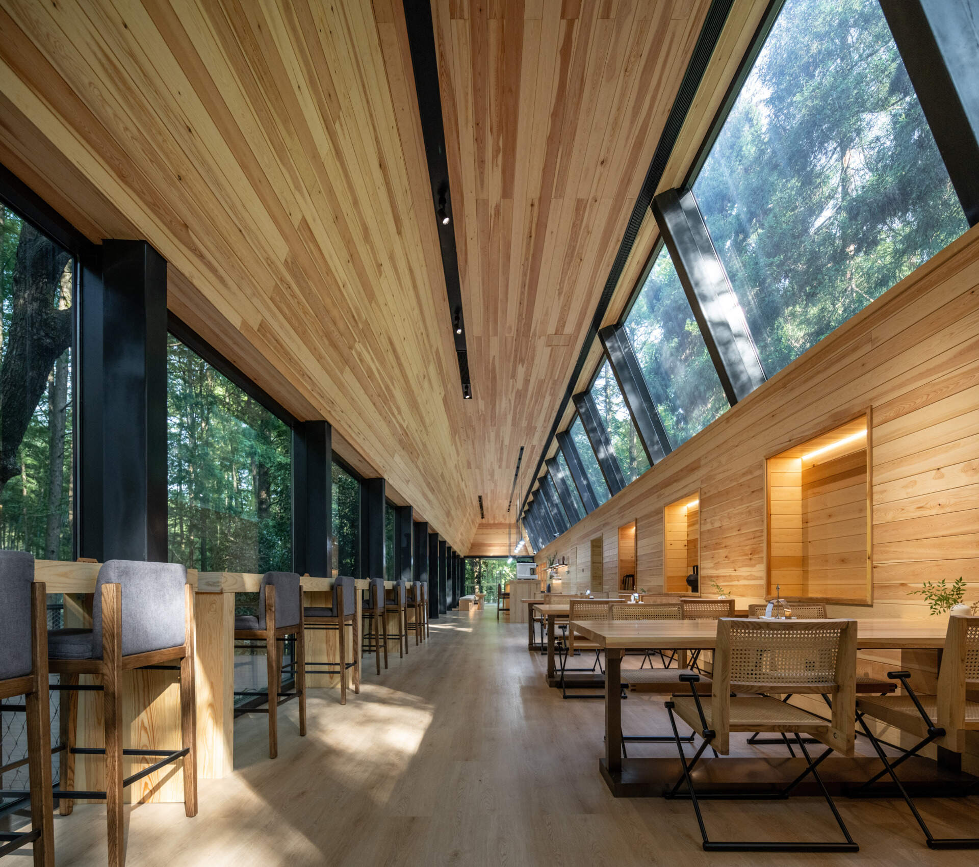 This modern reception space in a Hangzhou forest blurs the line between architecture and nature. Framed forest views and clerestory windows bring light and stillness into a structure shaped by the terrain.