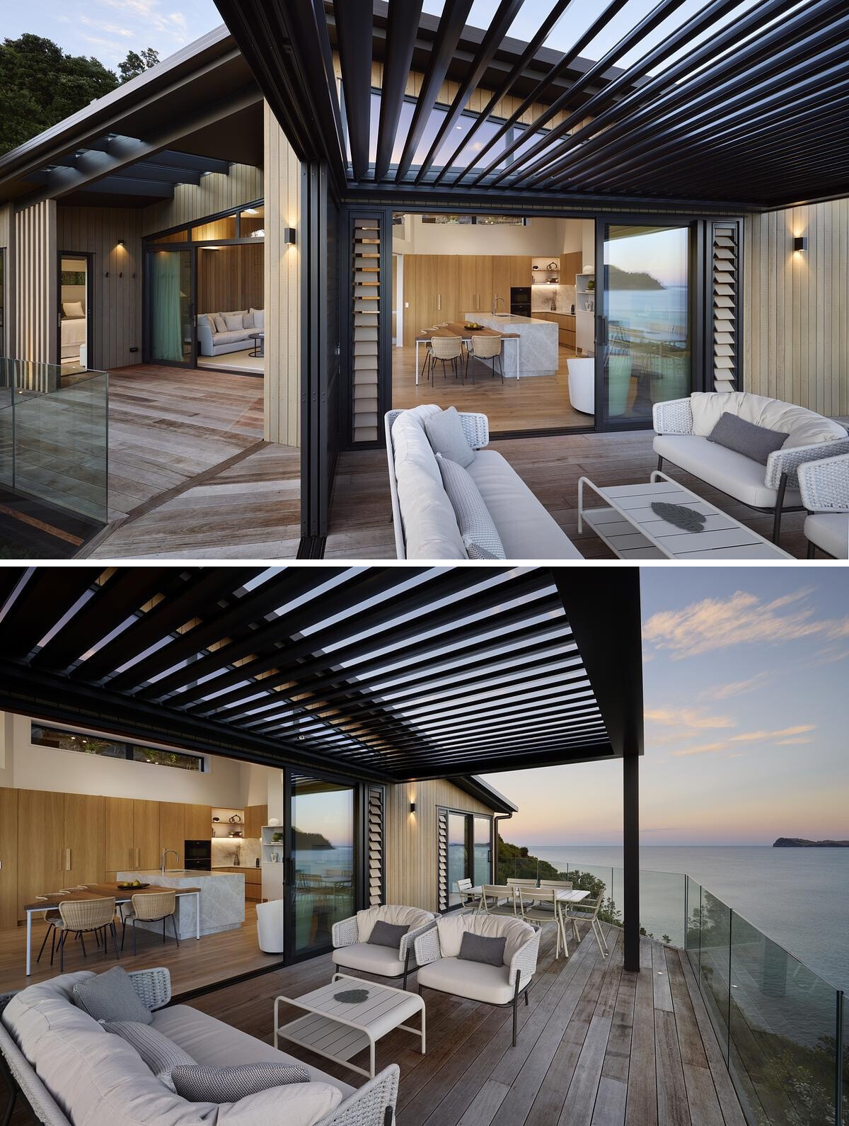 Framed by timber cladding and full-height glass, this cozy living room and kitchen opens wide to a sun-drenched deck with views beyond. Skylights and sliding doors flood the interior with natural light, while the seamless connection to the outdoors creates an inviting, relaxed atmosphere perfect for coastal living.