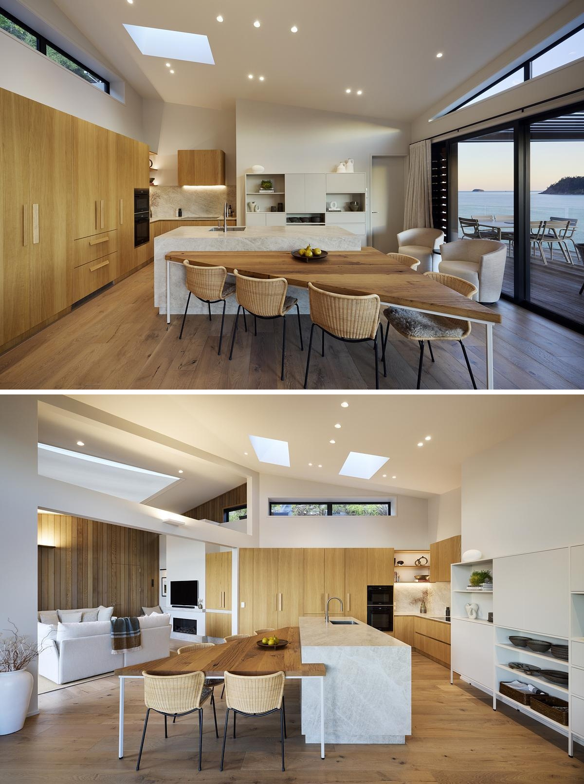 This kitchen pairs natural materials with a simple, functional layout. Pale wood cabinetry adds warmth, while an island and backsplash bring in texture without visual clutter. Skylights brighten the space throughout the day. The island also has a built-in wooden dining table adds a sculptural touch and serves as a spot for everyday meals. With easy access to the deck and views out to the water, the kitchen is designed for both practicality and comfort.