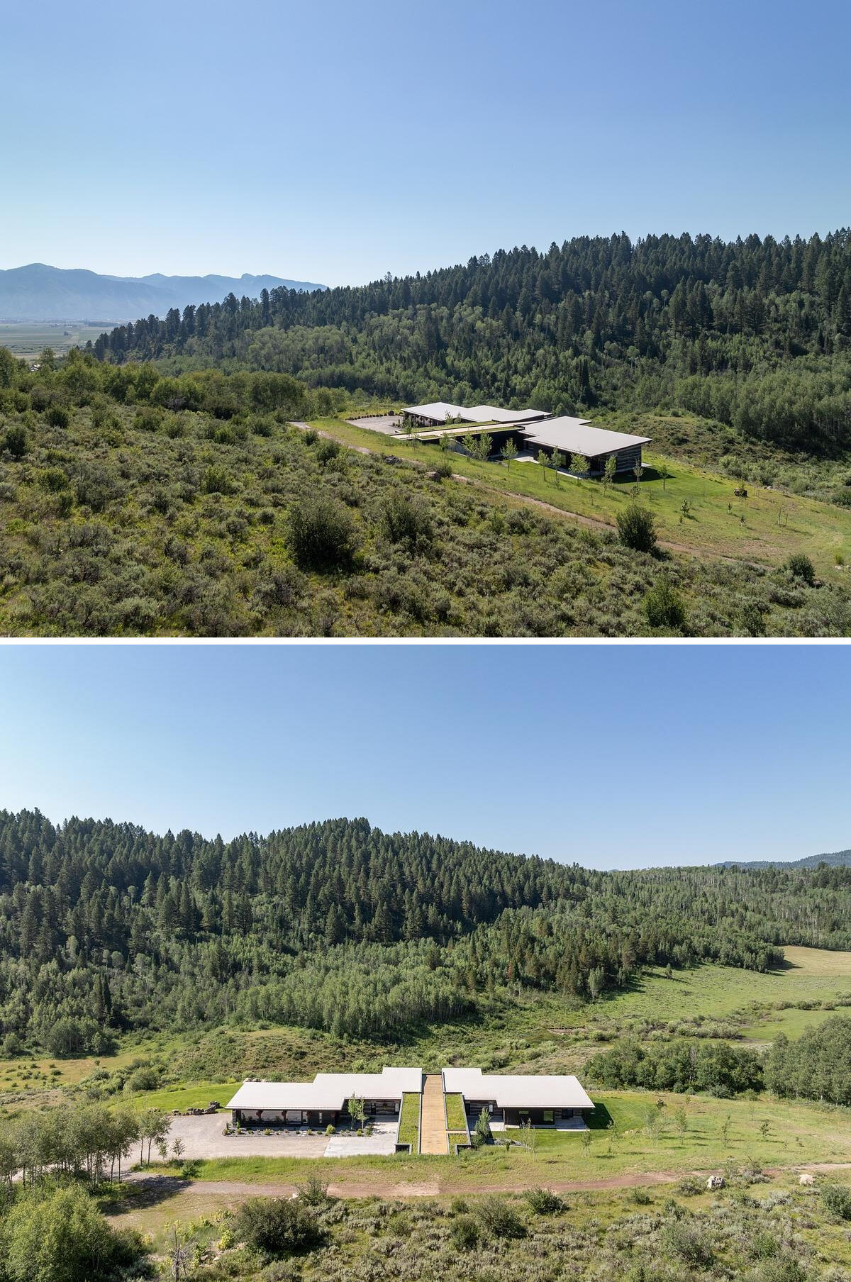 Rammed earth walls, clean lines, cantilevered roofs, and durable Shou Sugi Ban siding define the exterior of this modern mountain house built for extreme conditions.