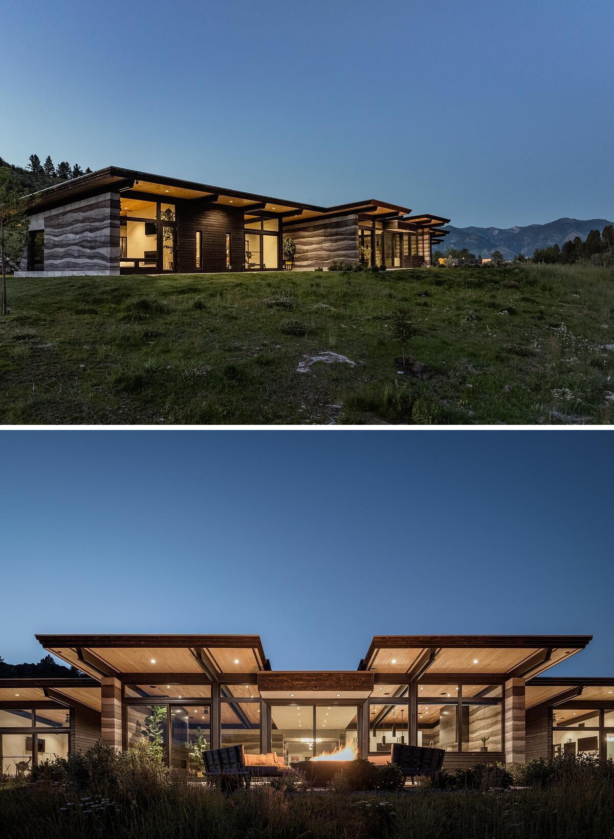 Rammed earth walls, clean lines, cantilevered roofs, and durable Shou Sugi Ban siding define the exterior of this modern mountain house built for extreme conditions.
