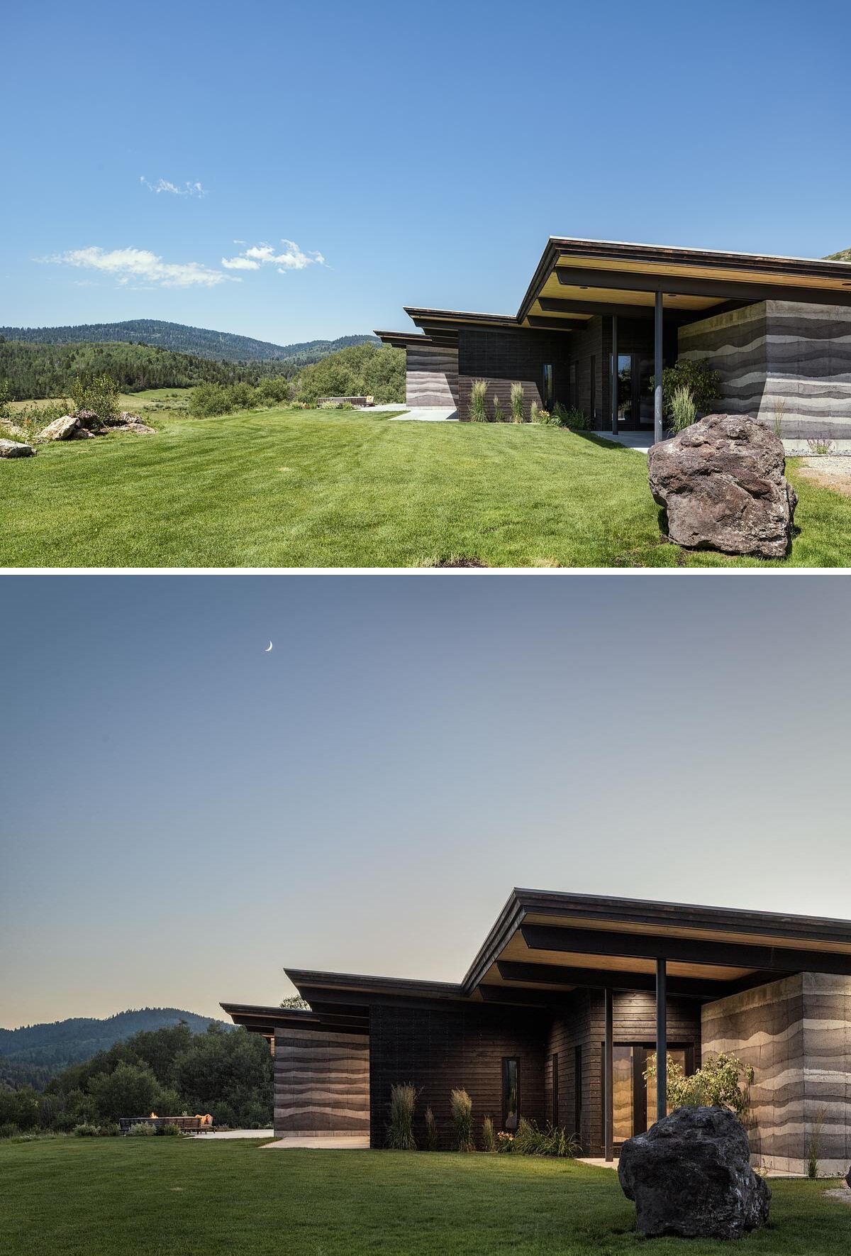 Rammed earth walls, clean lines, cantilevered roofs, and durable Shou Sugi Ban siding define the exterior of this modern mountain house built for extreme conditions.