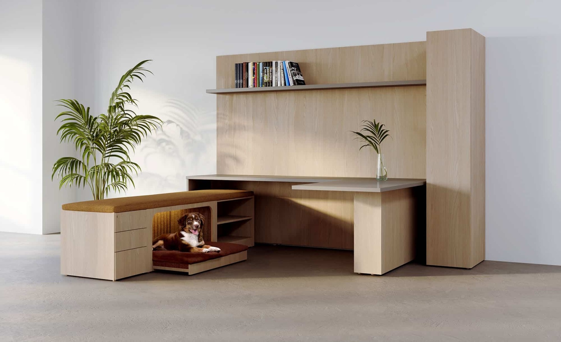 Central Bark by Chrissy Fehan for Darran is a sleek modern desk with a built-in pet nook that slides neatly in and out. Perfect for pet-friendly workspaces, it offers a cozy spot for dogs without sacrificing style or function.