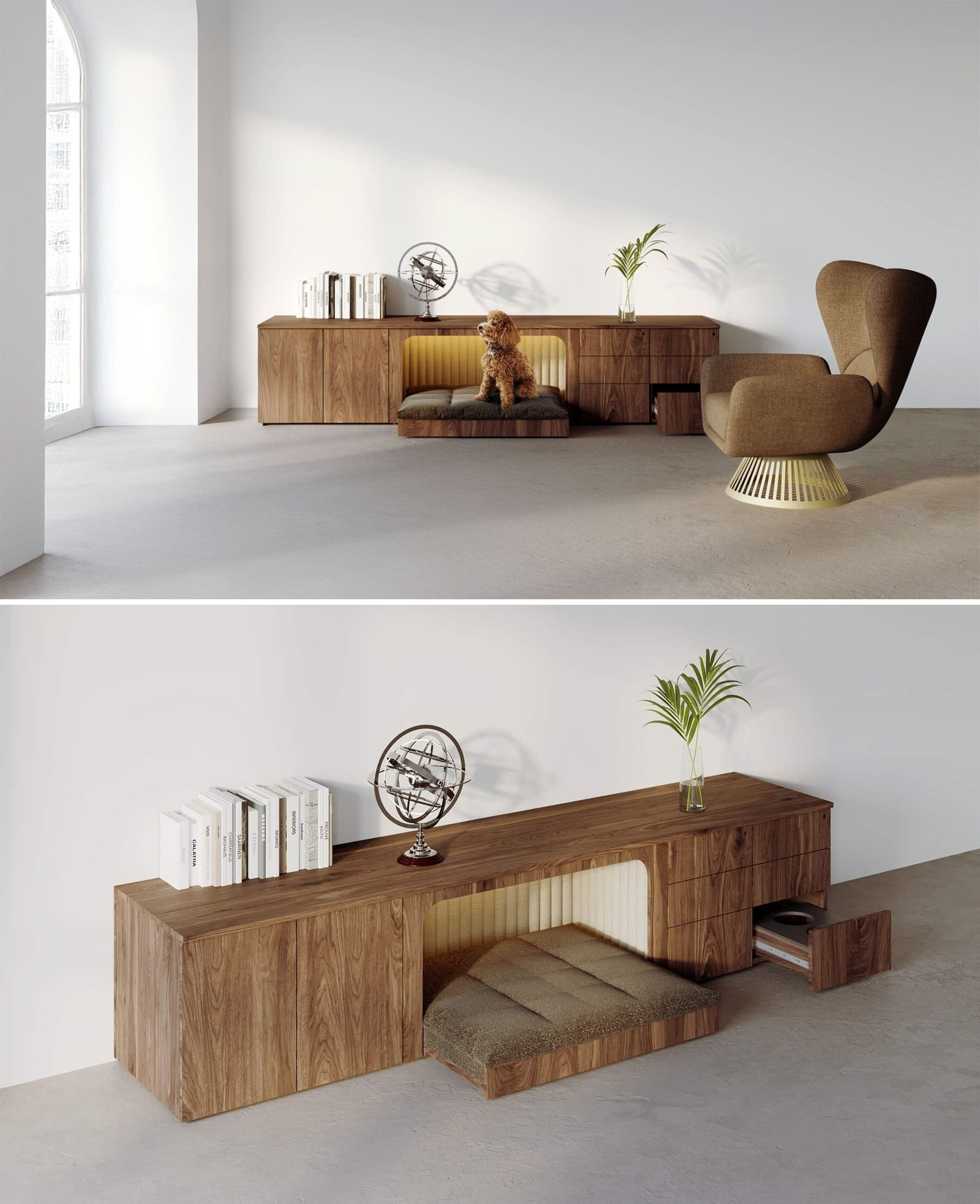 Central Bark by Chrissy Fehan for Darran is sleek modern office furniture collection with a built-in pet nook that slides neatly in and out. Perfect for pet-friendly workspaces, it offers a cozy spot for dogs without sacrificing style or function.