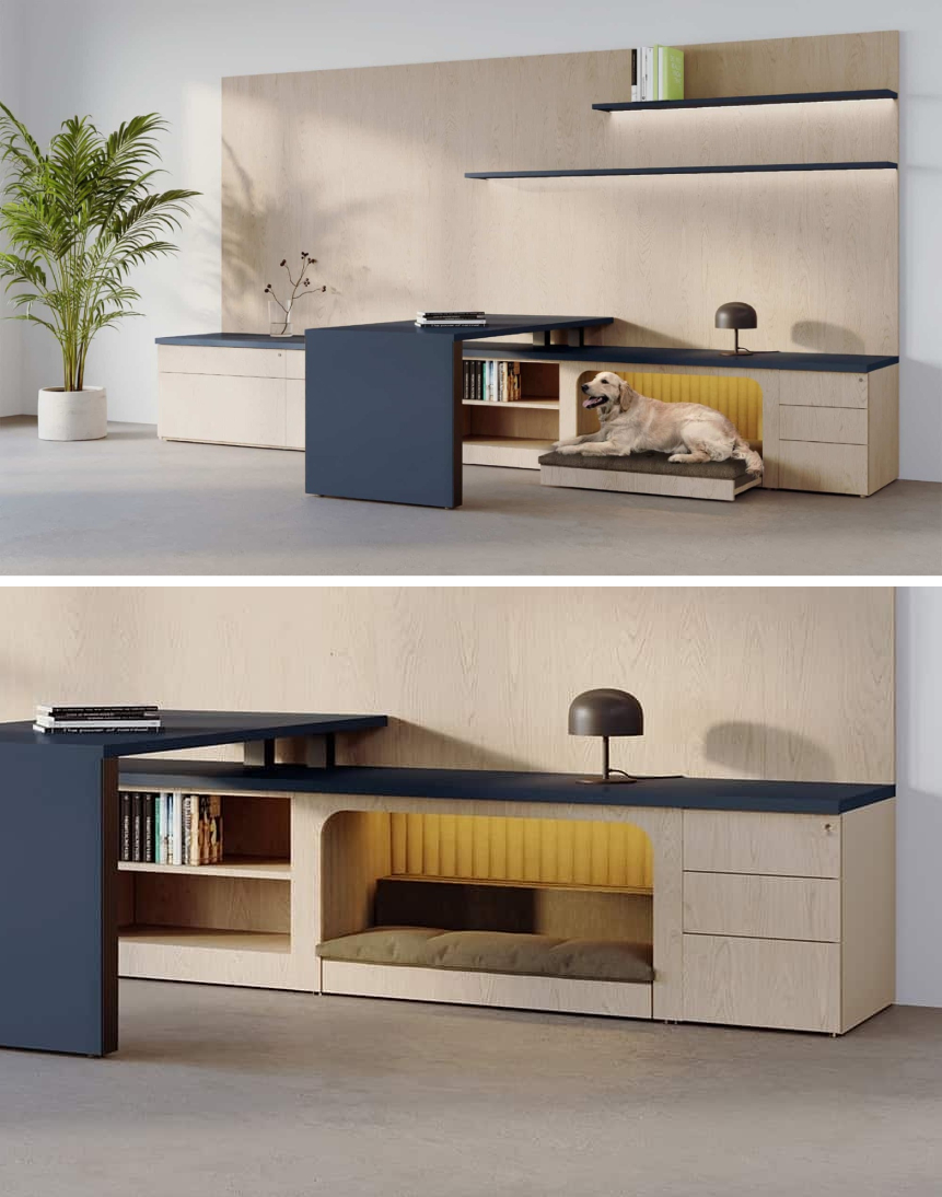 Central Bark by Chrissy Fehan for Darran is a sleek modern desk with a built-in pet nook that slides neatly in and out. Perfect for pet-friendly workspaces, it offers a cozy spot for dogs without sacrificing style or function.