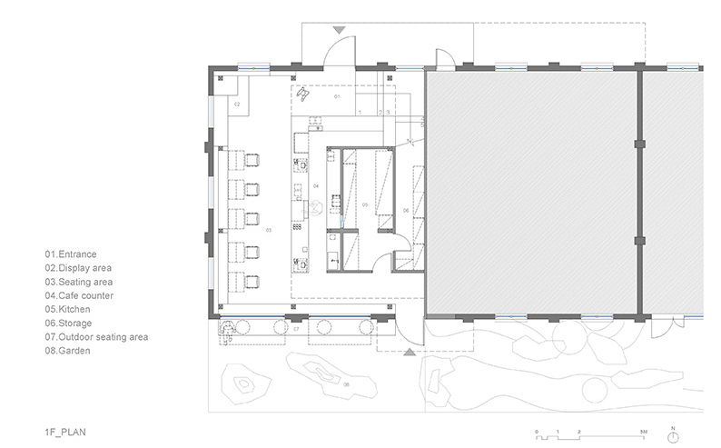The architectural drawings outline how a 1950s red-brick warehouse was restructured into a modern cafe without compromising its original form.