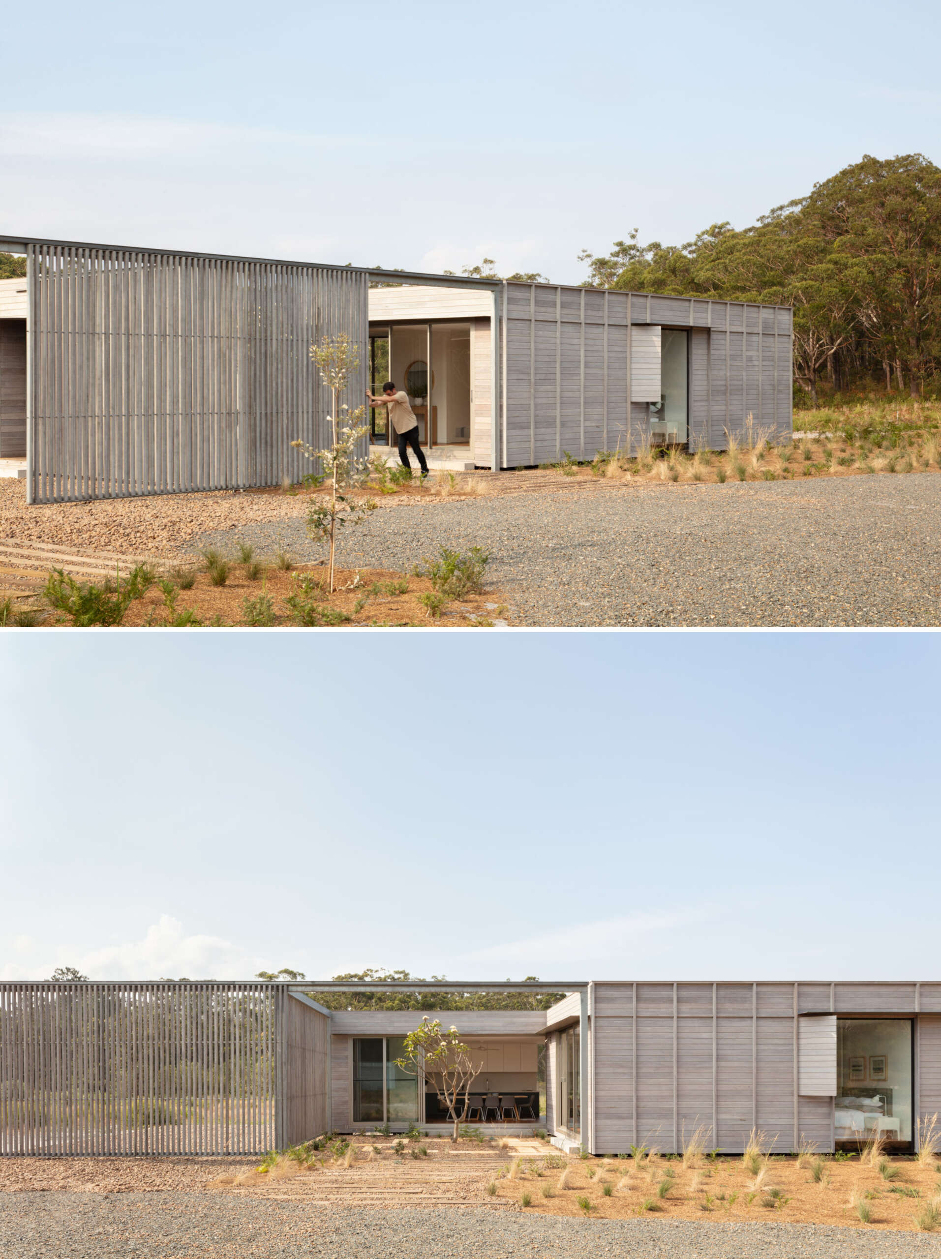 One of the house’s most distinctive features is the sliding screen positioned at the rear. When drawn, it encloses a private courtyard, creating a contained and contemplative outdoor room. When opened, it dissolves the boundary entirely, framing sweeping views and allowing the home to breathe with the environment. This duality adds a layer of flexibility rarely seen in homes of this scale.