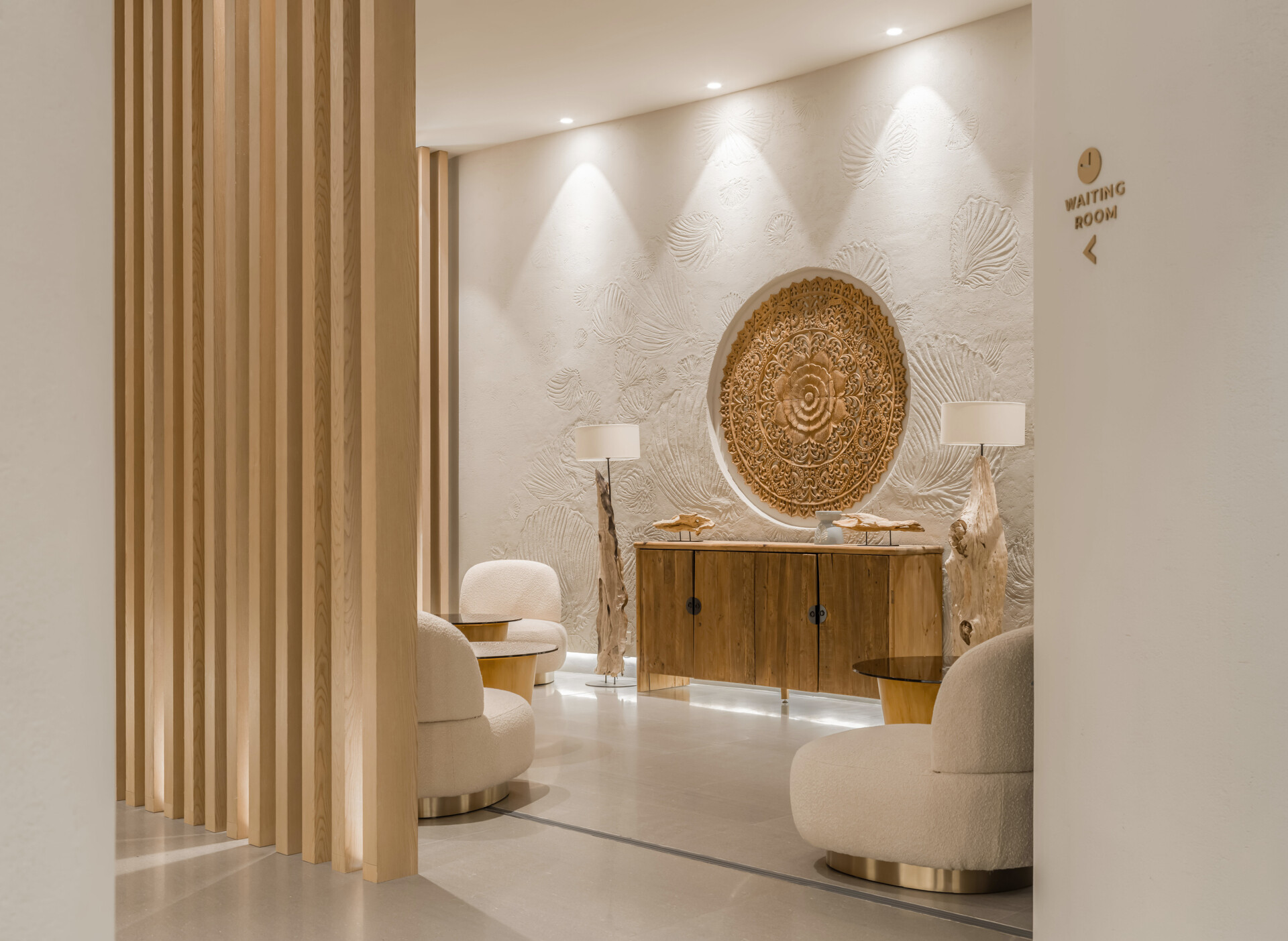 Step into a sensory cocoon on the first floor of SIAM SPA, where flowing corridors, sand-toned textures, and curved walls evoke the feeling of a peaceful, natural cave. Intimate lighting and tactile materials create a tranquil setting for massage and deep relaxation.