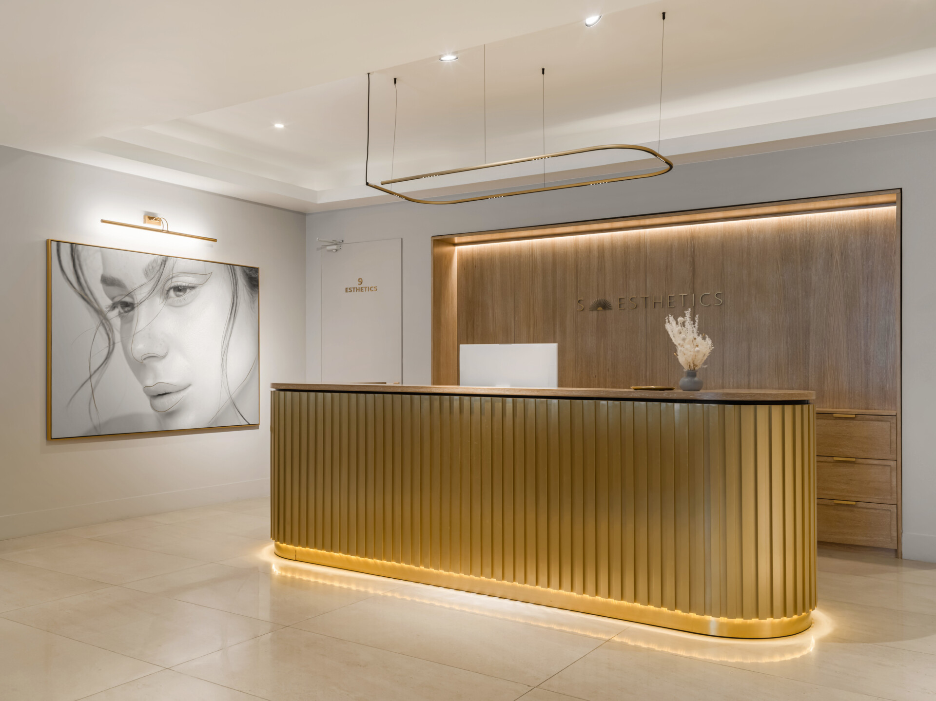 The cosmetology level of this contemporary spa features clean lines and soft natural tones for a calming, clinical feel. Designed for mobility and sterility, this floor maintains the spa’s earthy palette while supporting advanced facial and skincare treatments.
