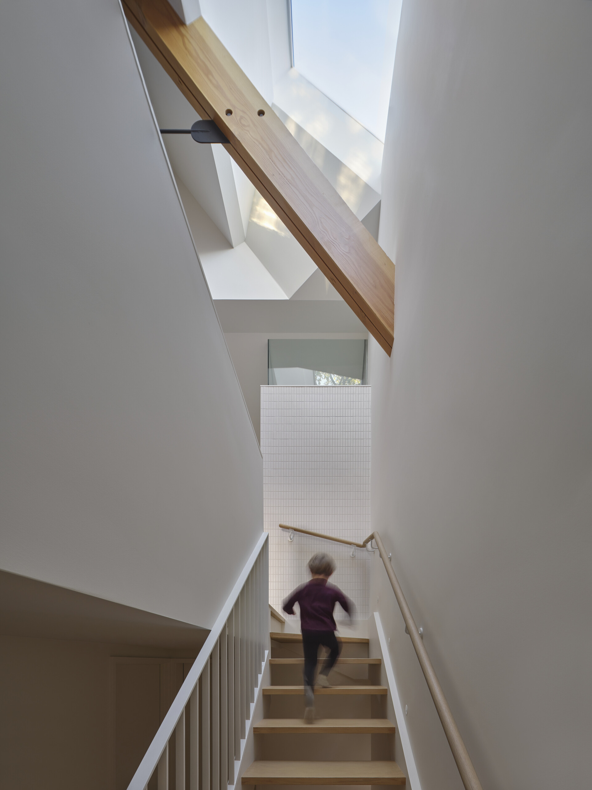 A sculptural staircase with a skylight above creates a vertical light shaft and maximizes space in this elegant three-level home.