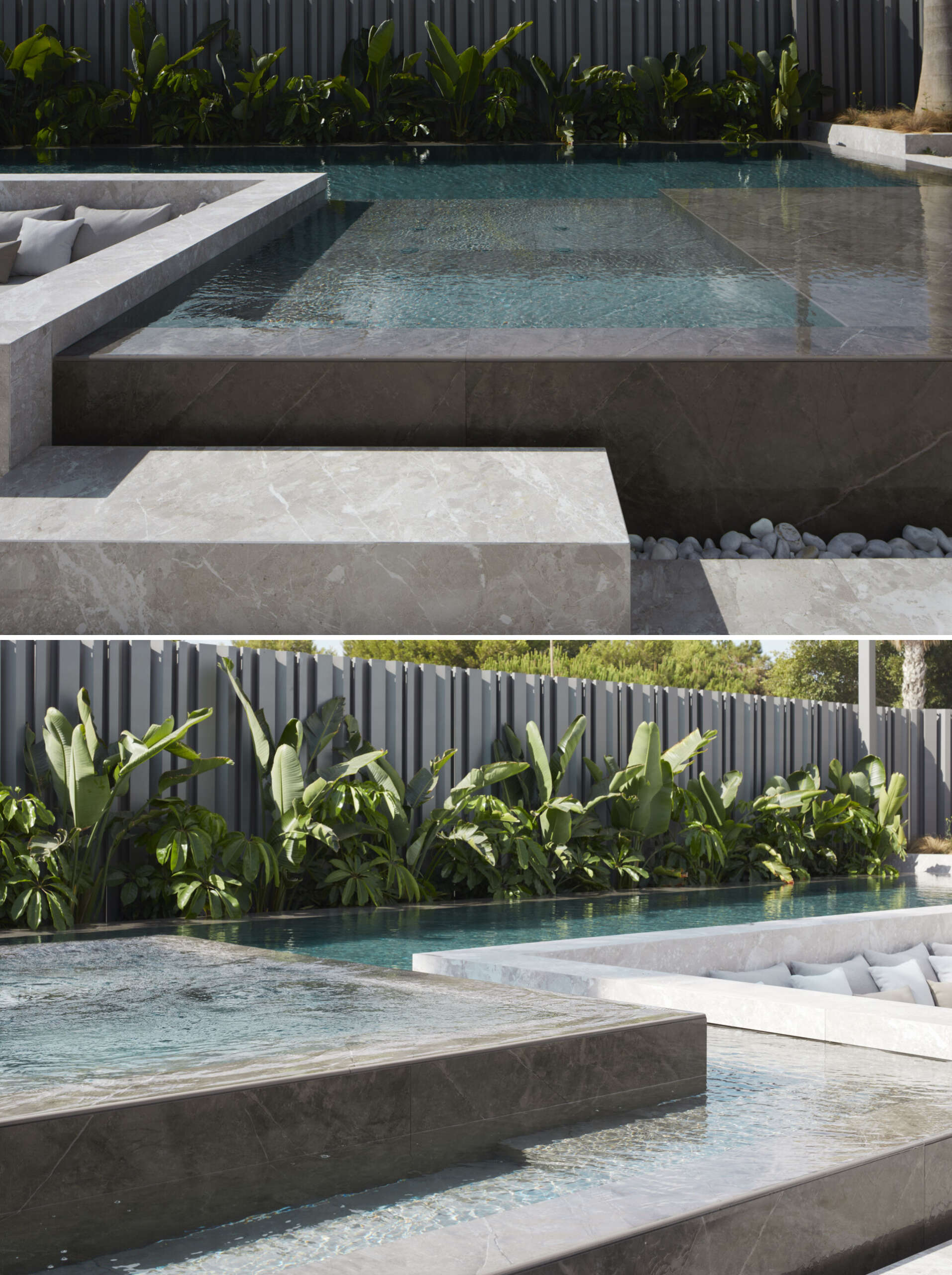 Integrated into the backyard’s sculptural layout is a swimming pool that becomes part of the residence’s calm and curated outdoor flow. A raised spa area flows seamlessly into the main pool, while long the left edge, lush tropical foliage adds a burst of green and softens the contrast with the crisp lines of the modern gray fence.