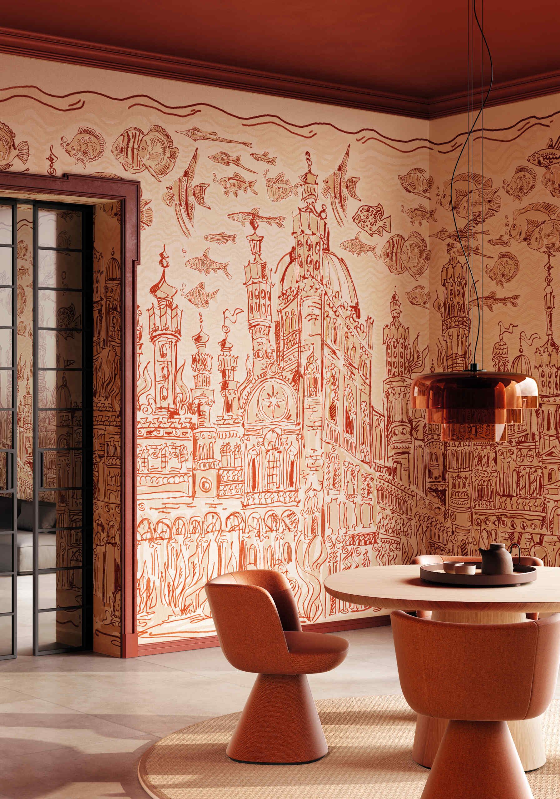 Contemporary illustrated wallpaper mural for a dining room.