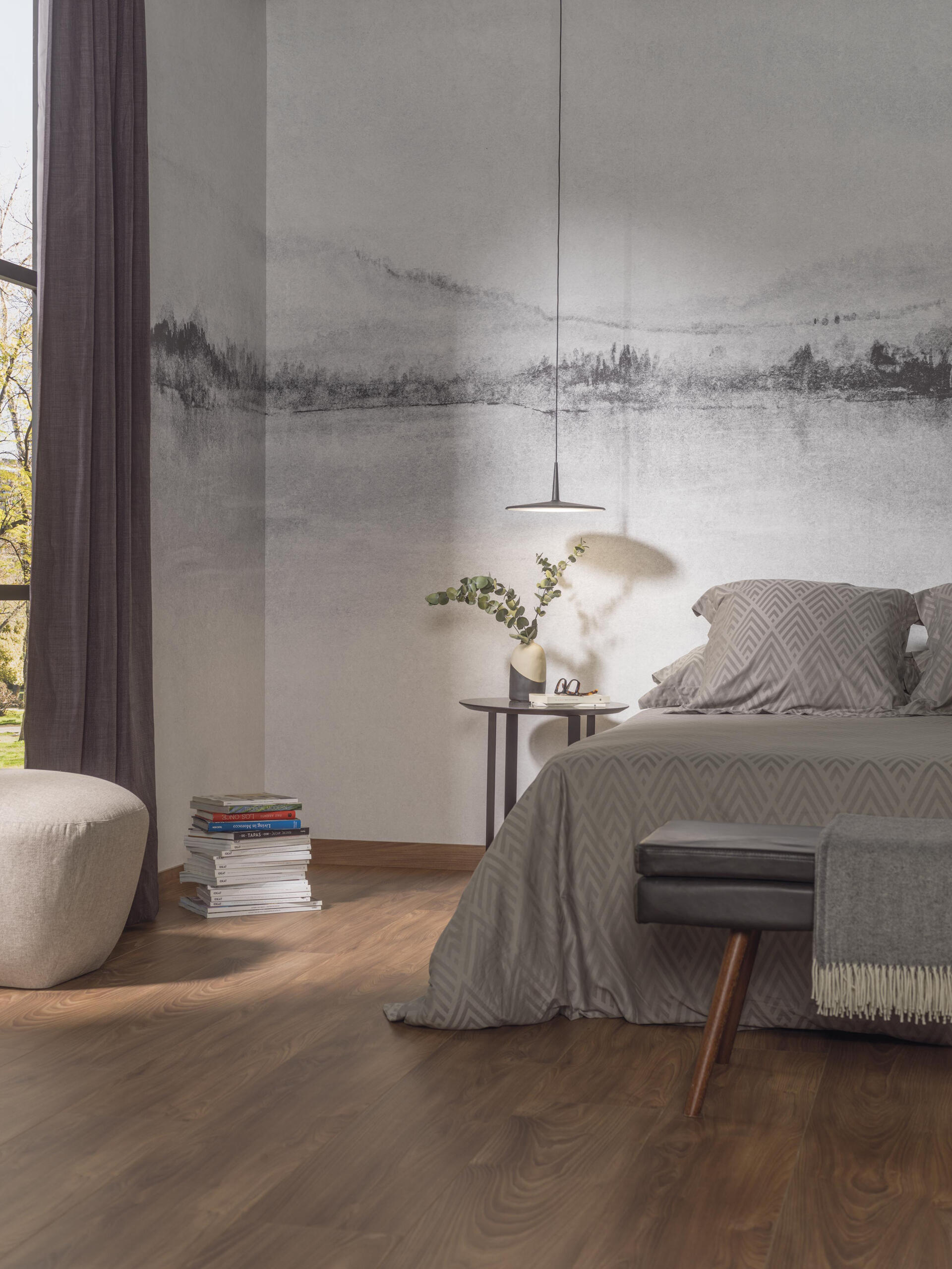 Soft and serene, Lake channels the stillness of water with its gentle color palette and subtle reflections. This wallpaper mural is calming without being dull, and works beautifully in places meant for rest and relaxation.