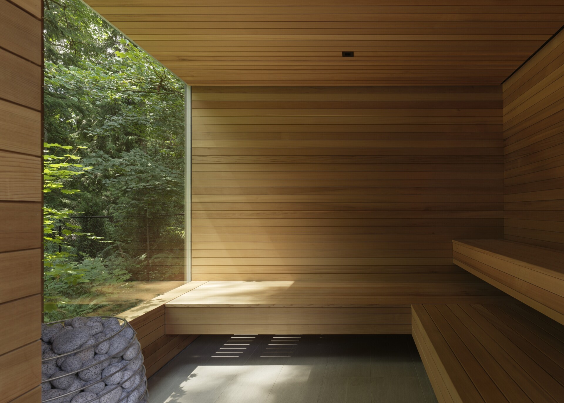 Tucked into the treeline by this modern house, is a plunge pool and sauna offering a quieter experience.