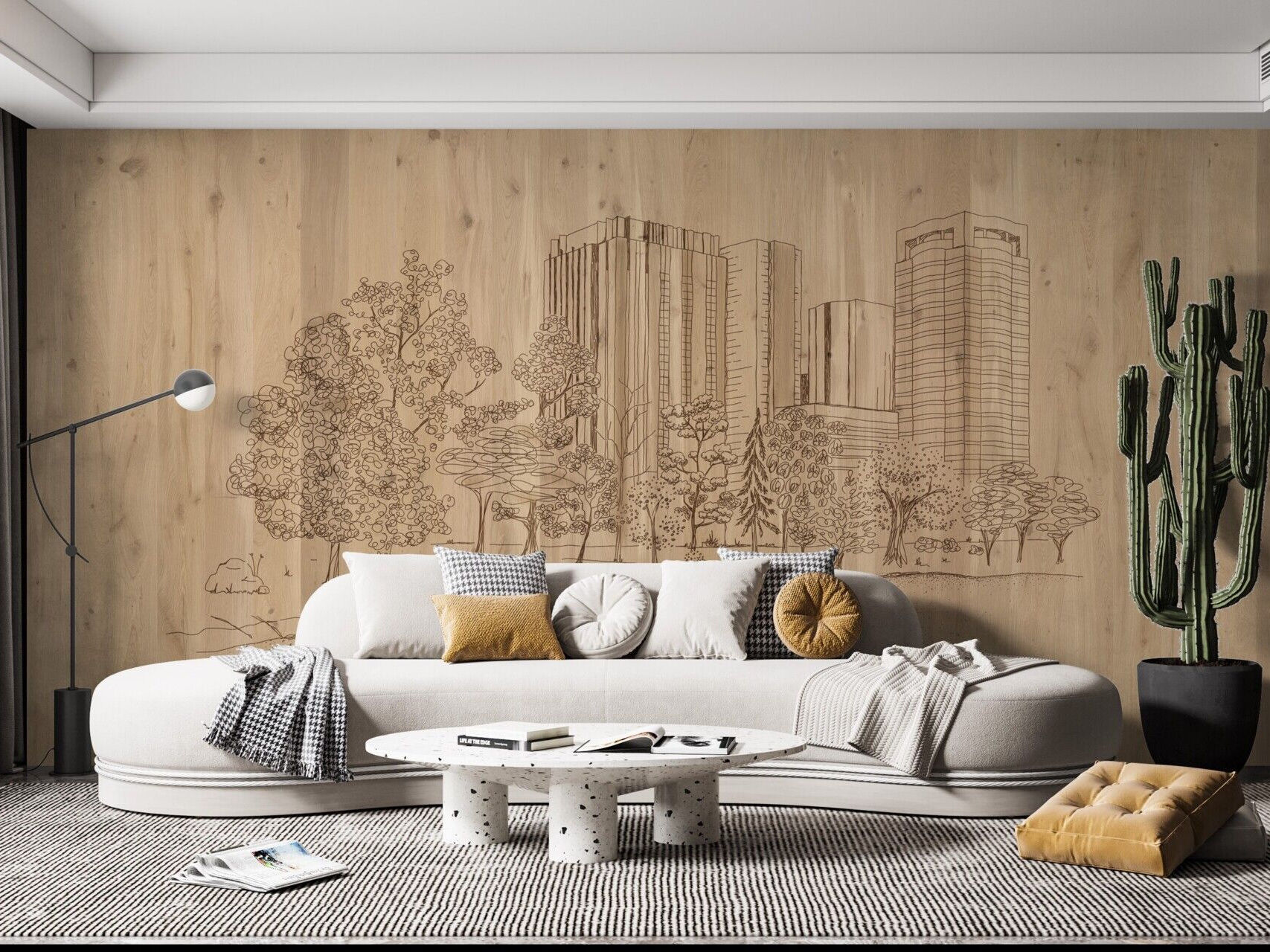Laser-engraved wooden wall panels from the Stilart Wall Vertical Wood Design collection, featuring a skyline pattern in warm-toned timber, installed in a modern interior space with soft lighting.